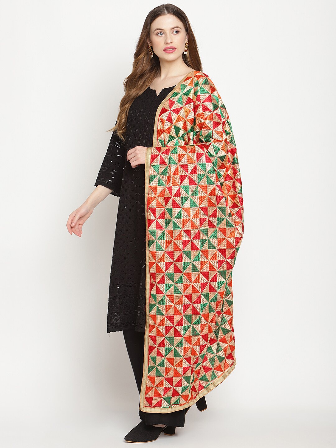 

KALINI Embroidered Dupatta with Phulkari, Red