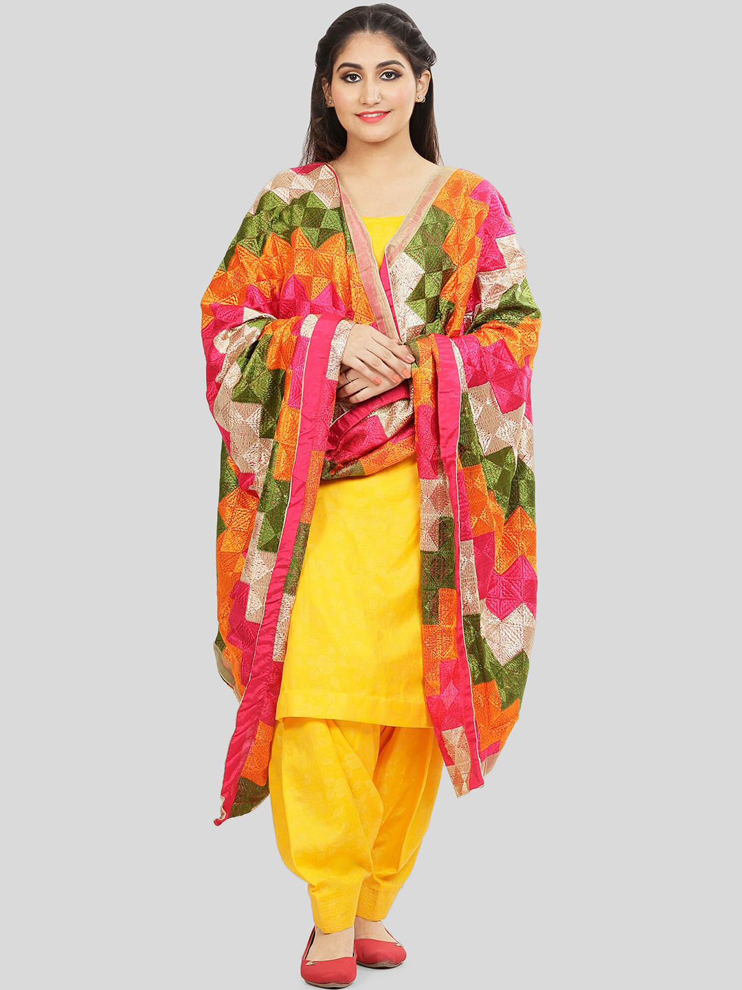 

KALINI Checked Dupatta with Phulkari, Red