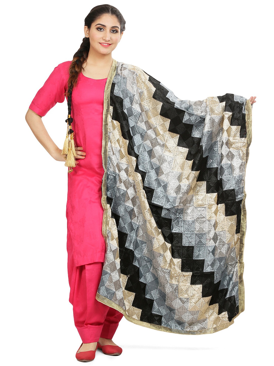 

KALINI Embroidered Dupatta with Phulkari, Black