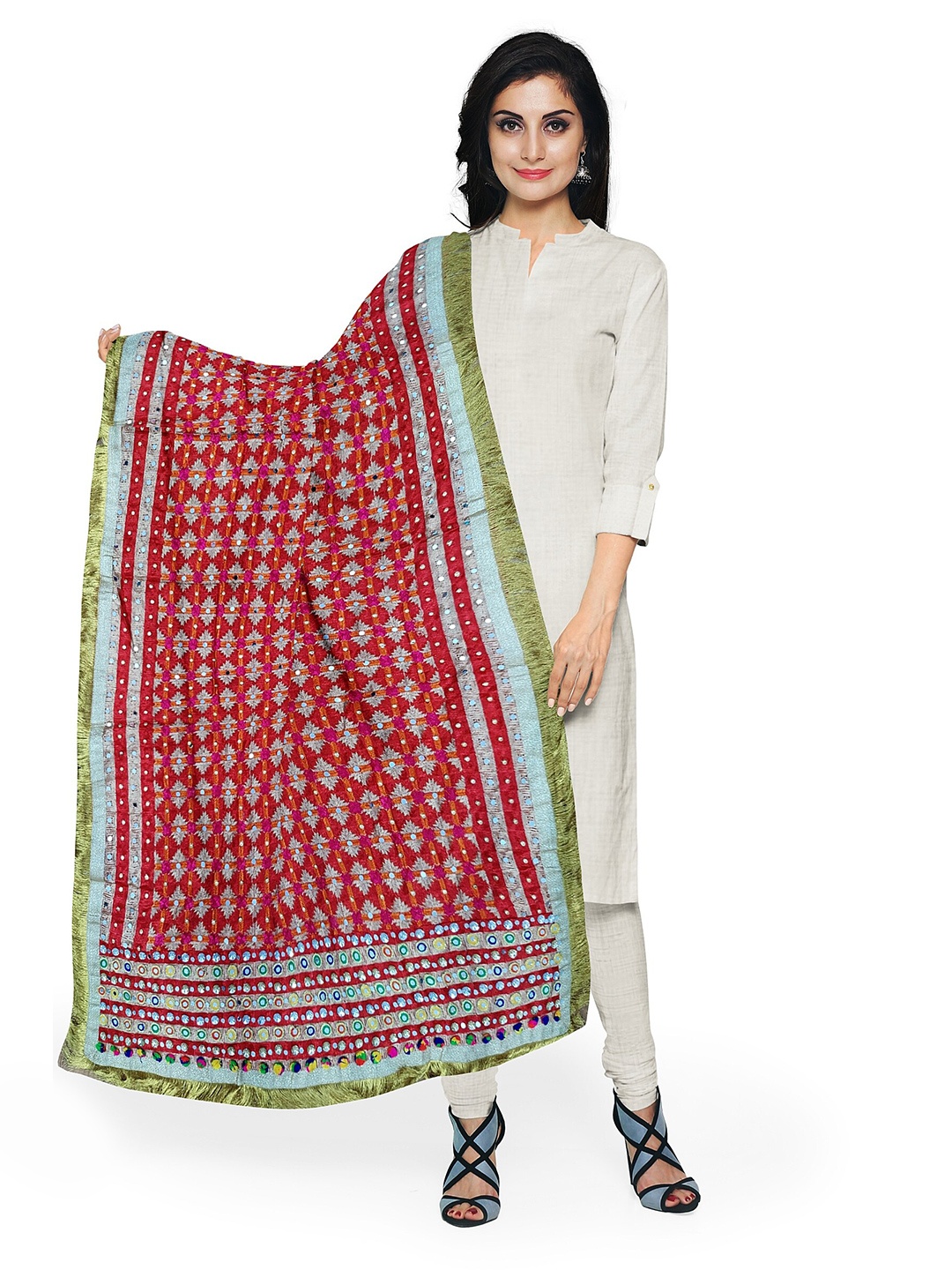 

KALINI Ethnic Motifs Embroidered Dupatta with Phulkari, Red