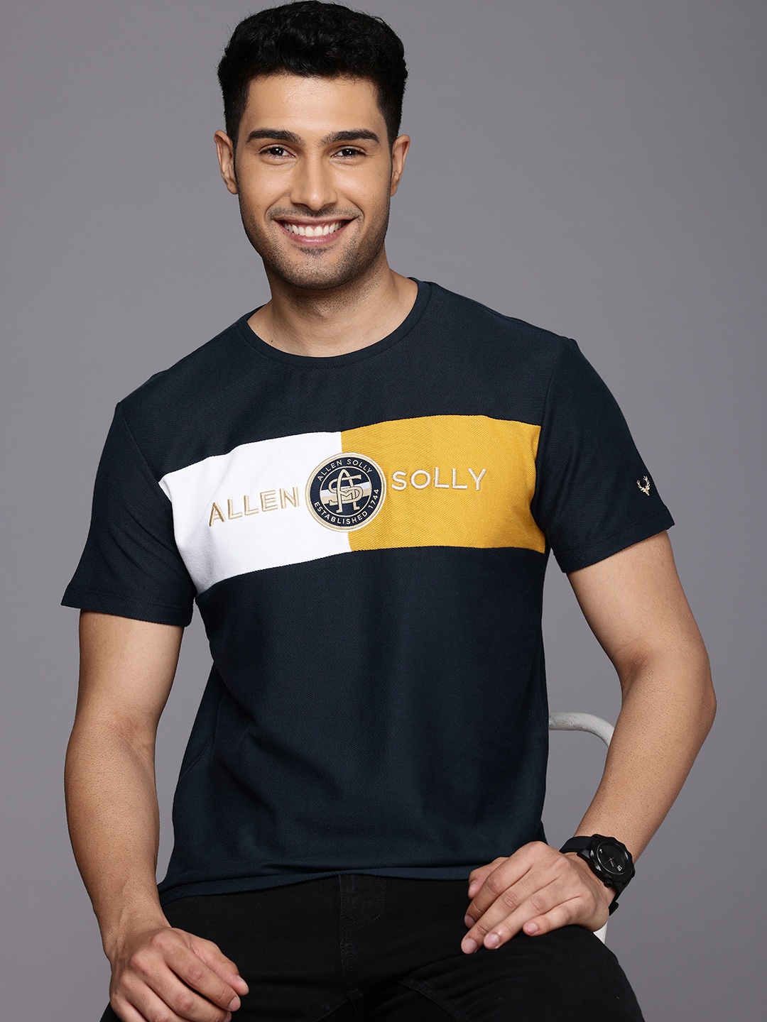 

Allen Solly Pure Cotton Brand Logo Embroidered Slim Fit T-shirt, Navy blue