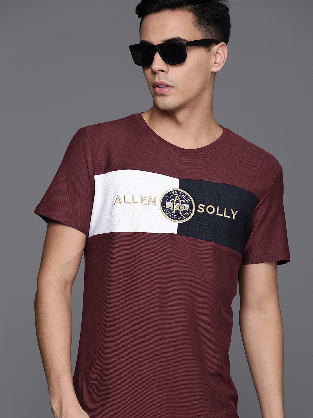 

Allen Solly Colourblocked Pure Cotton Slim Fit T-shirt, Maroon