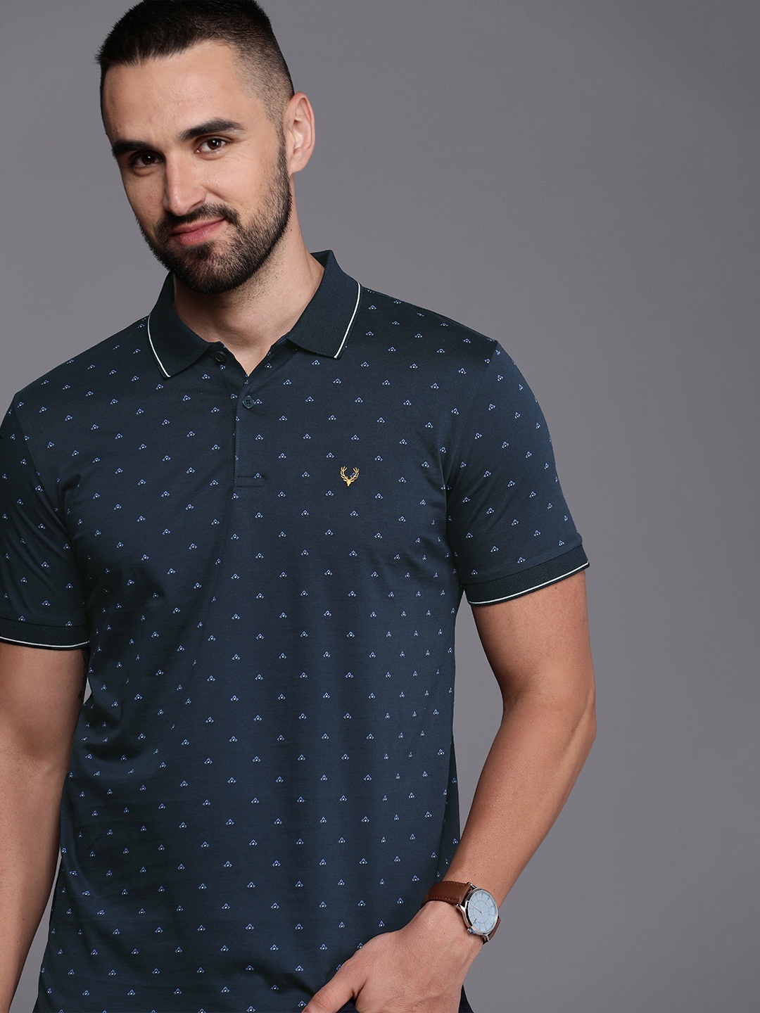 

Allen Solly Floral Printed Polo Collar Pure Cotton T-shirt, Navy blue