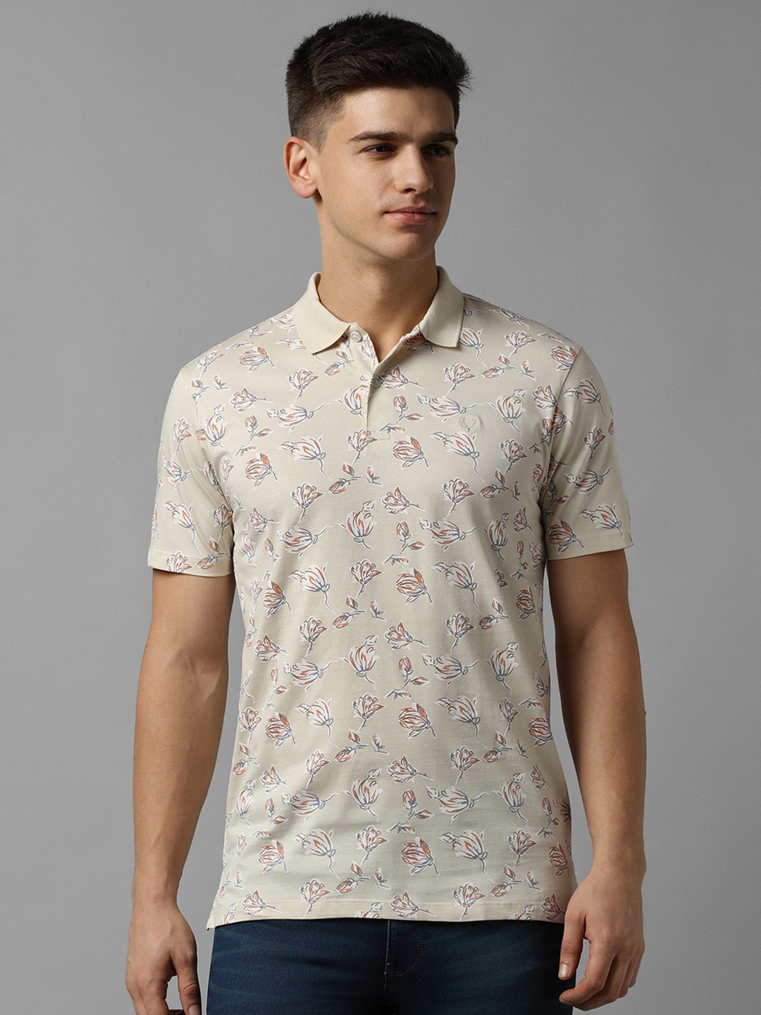 

Allen Solly Men Floral Printed Polo Collar Pure Cotton T-shirt, Beige