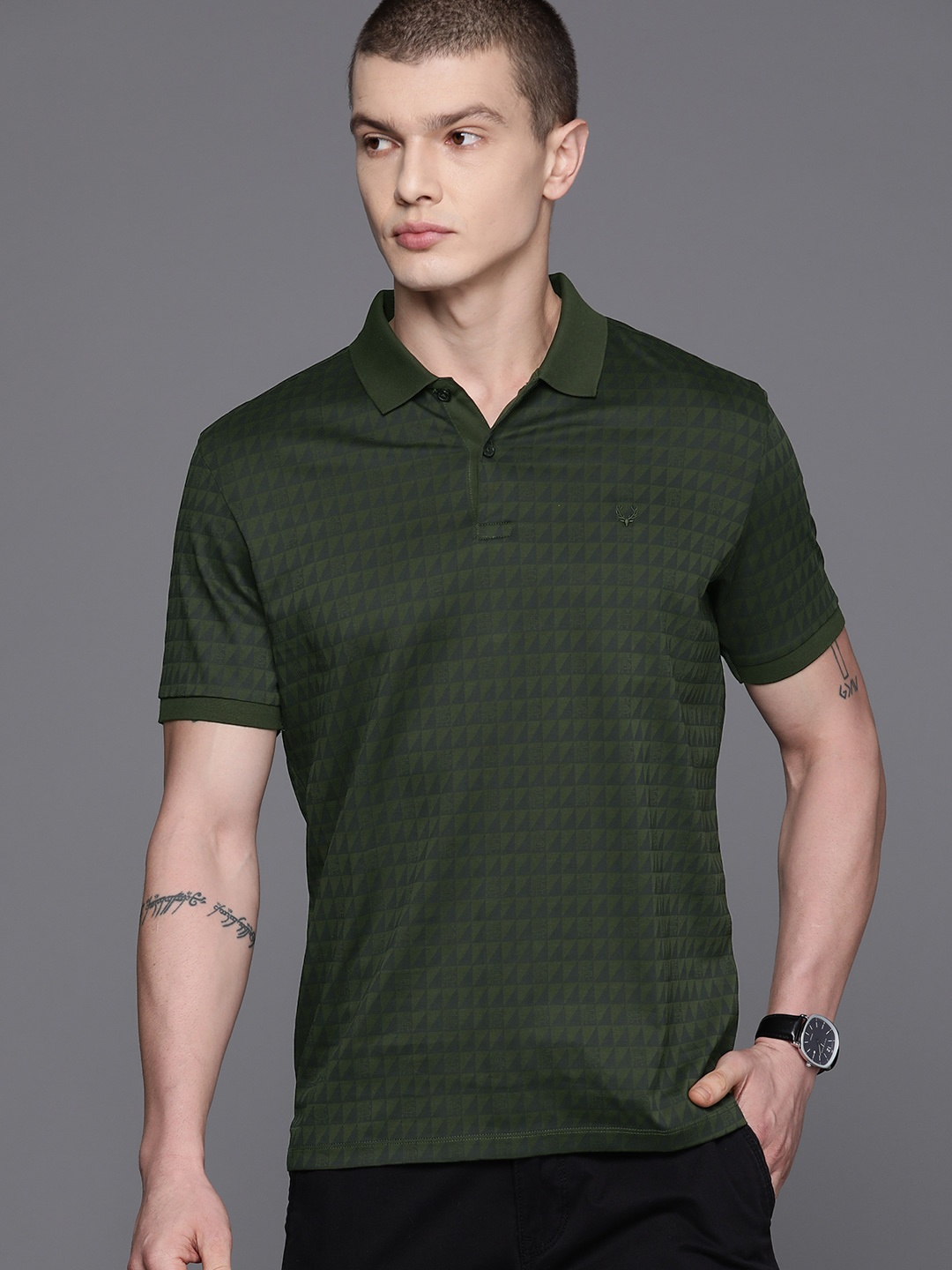 

Allen Solly Graphic Printed Polo Collar Pure Cotton T-shirt, Olive
