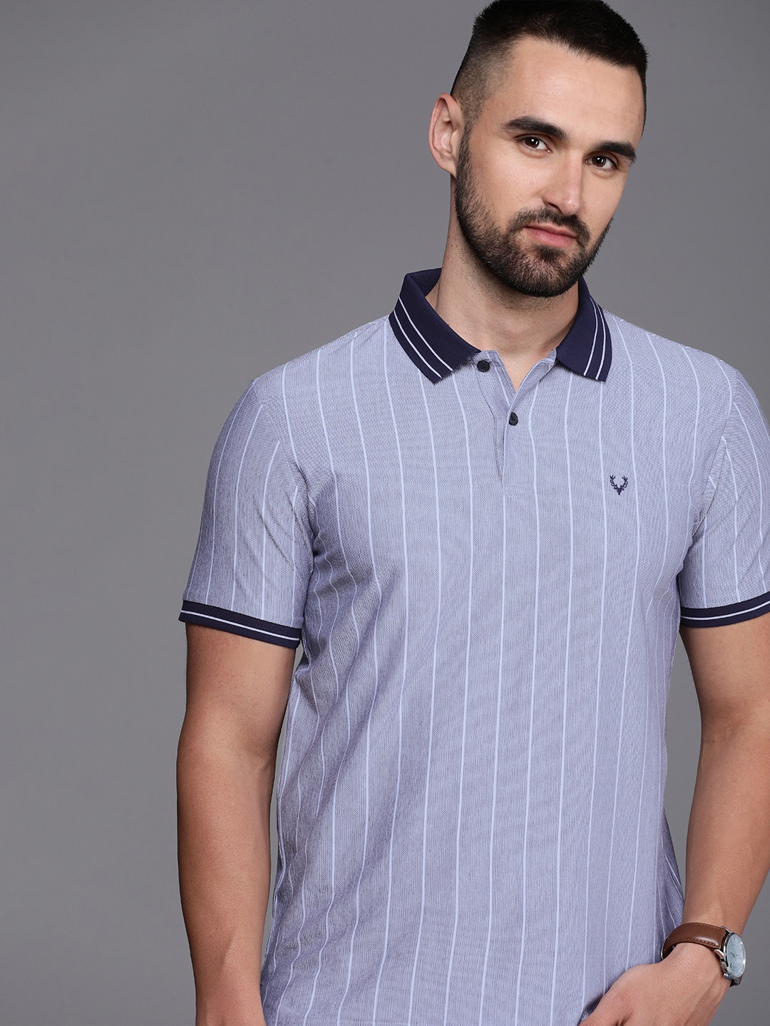 

Allen Solly Men White & Navy Blue Polo Collar Pure Cotton T-shirt