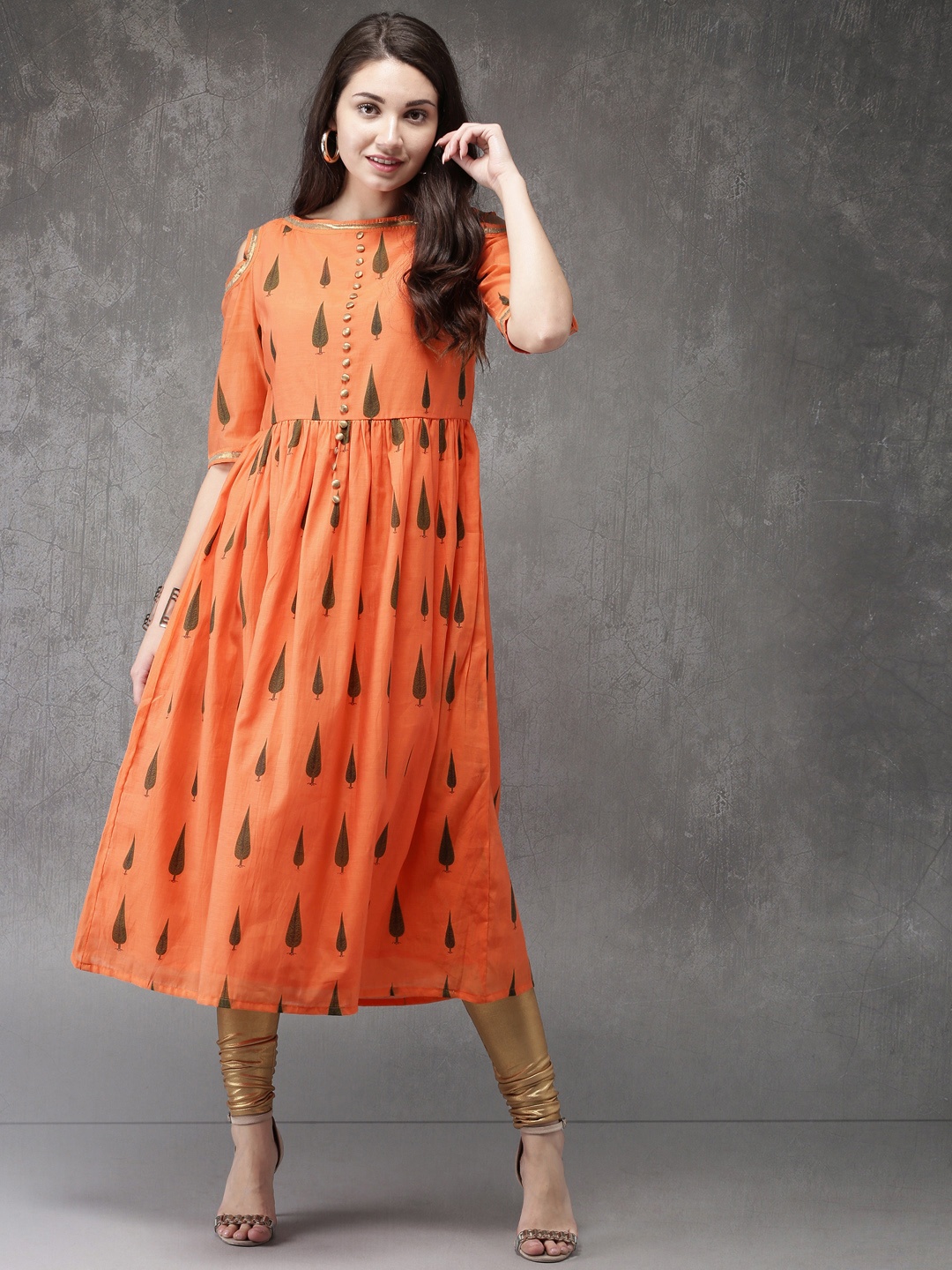 

Anouk Women Orange Chanderi Blend Printed A-Line Kurta