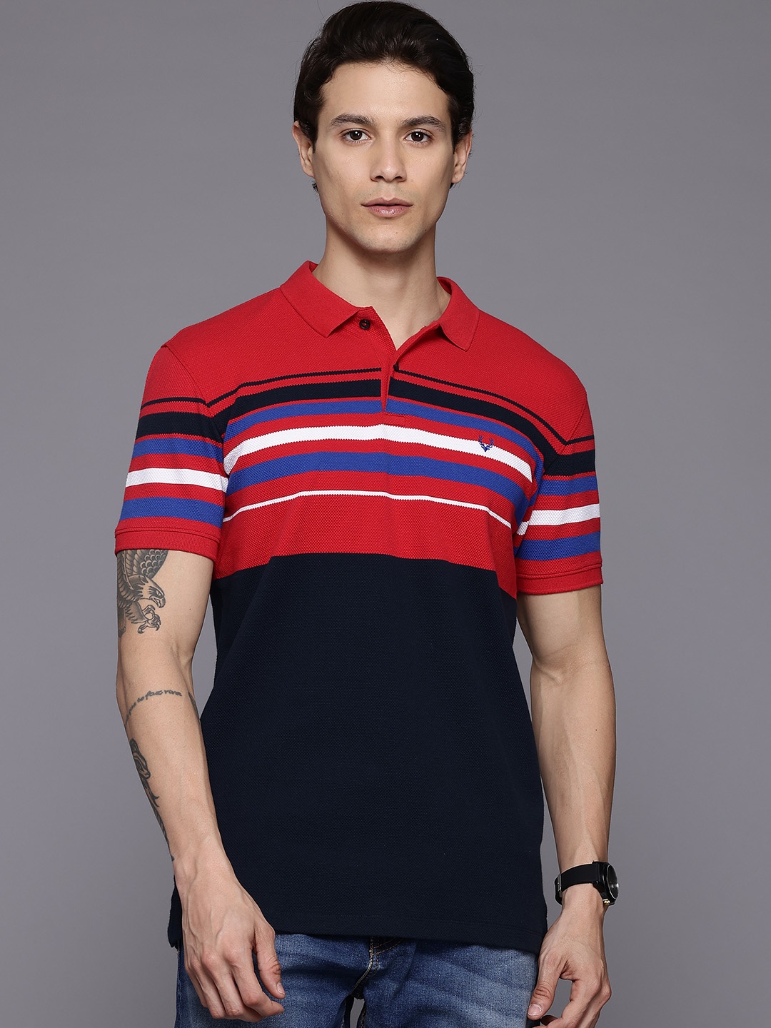 

Allen Solly Horizontally Striped Polo Collar T-shirt, Navy blue