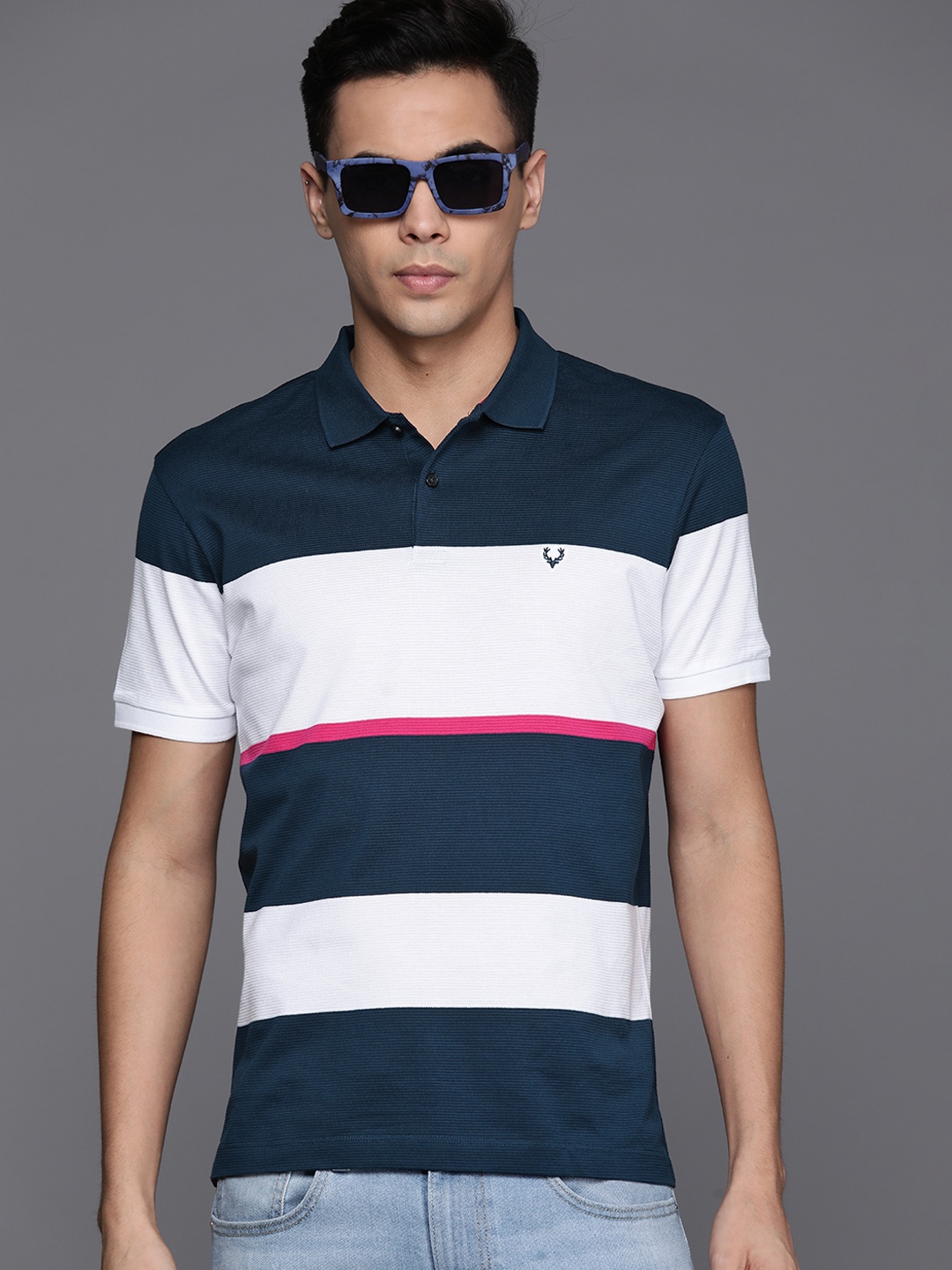 

Allen Solly Striped Polo Collar Pure Cotton T-shirt, Navy blue