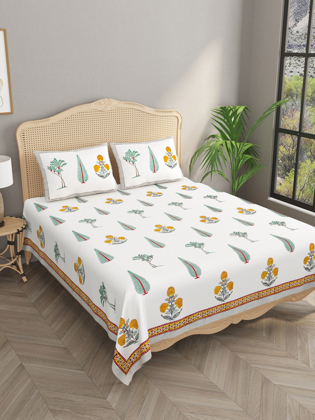 

Gulaab Jaipur White & Yellow Floral 800 TC Egyptian Cotton King Bedsheet & 2 Pillow Covers