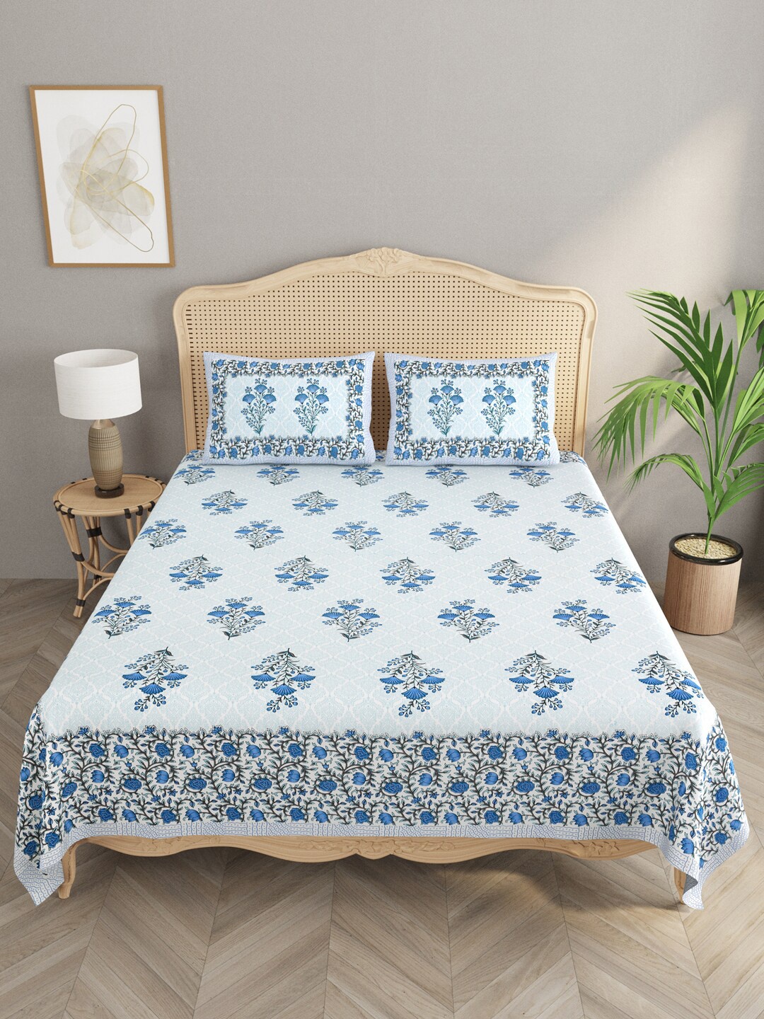 

Gulaab Jaipur White & Blue Printed 400 TC Cotton King Bedsheet & 2 Pillow Covers