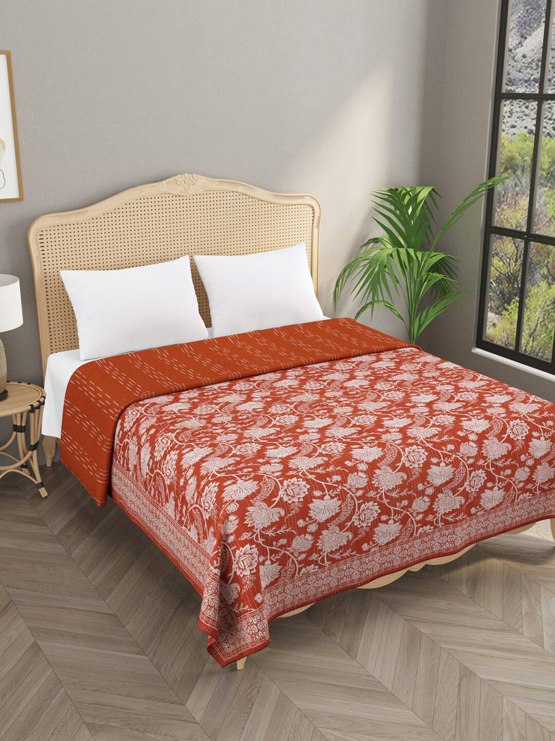 

Gulaab Jaipur Red & White Kantha Work Egyptian Cotton Double King Bedcover