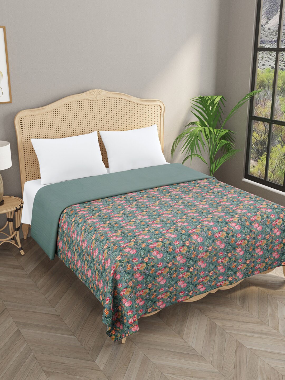 

Gulaab Jaipur Pink & Green Kantha Work Egyptian Cotton Double King Bedcover, Grey