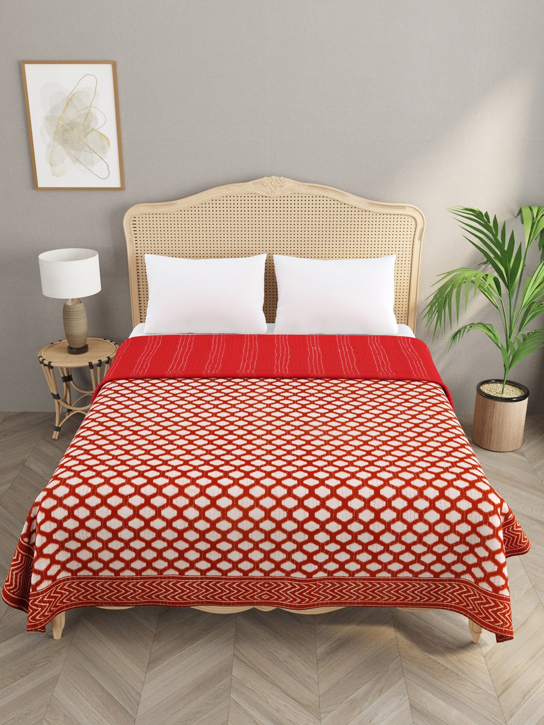 

Gulaab Jaipur Red & White Kantha Work Egyptian Cotton Double King Bedcover