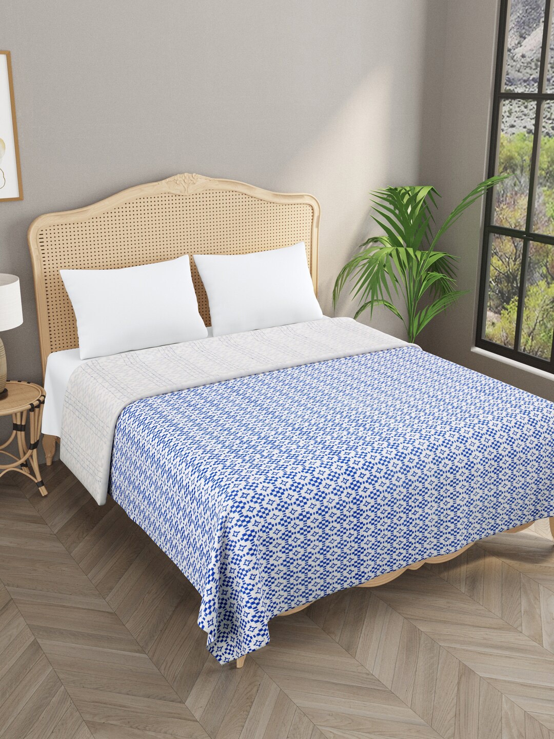 

Gulaab Jaipur Blue & White Kantha Work Egyptian Cotton Double King Bedcover