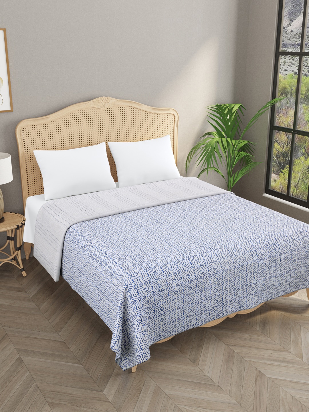 

Gulaab Jaipur Blue & White Kantha Work Egyptian Cotton Double King Bedcover