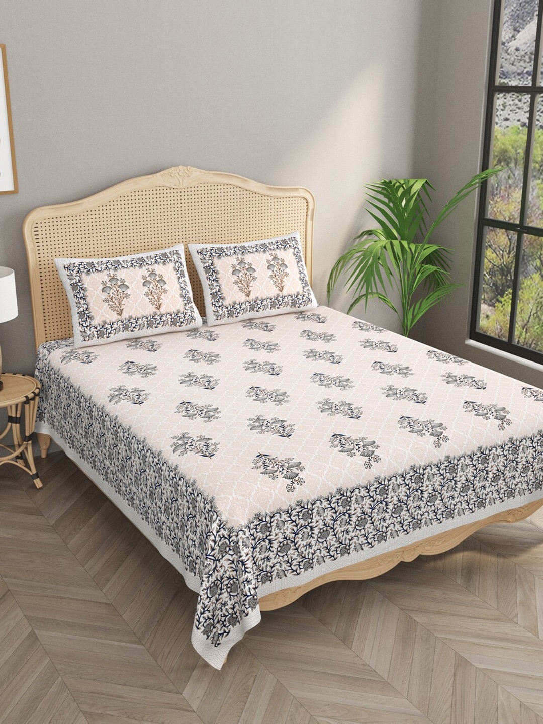 

Gulaab Jaipur White & Grey Ethnic Motifs Cotton 400 TC King Bedsheet With 2 Pillow Covers