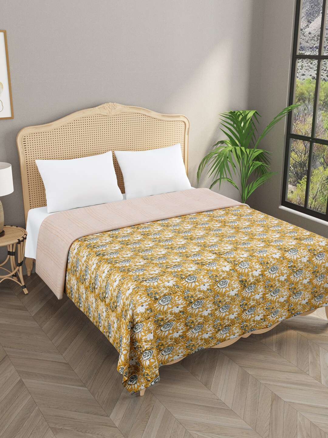 

Gulaab Jaipur Yellow & Grey Kantha Work Egyptian Cotton Reversable Double King Bedcover