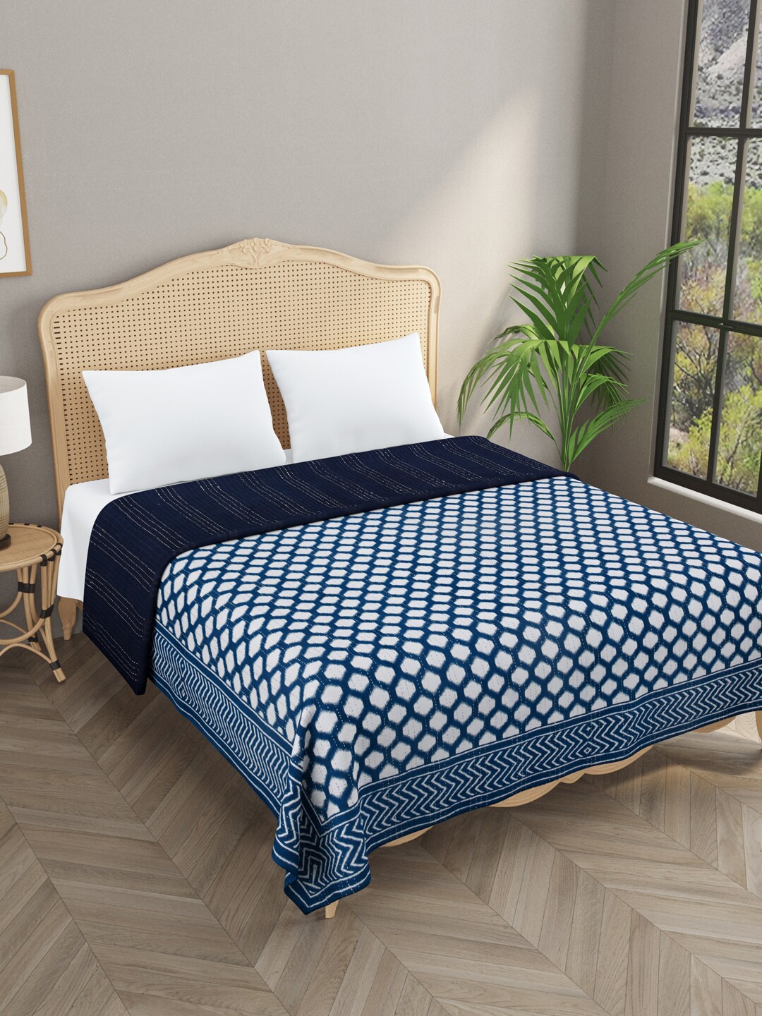 

Gulaab Jaipur Blue& White Kantha Work Egyptian Cotton Double King Bedcover
