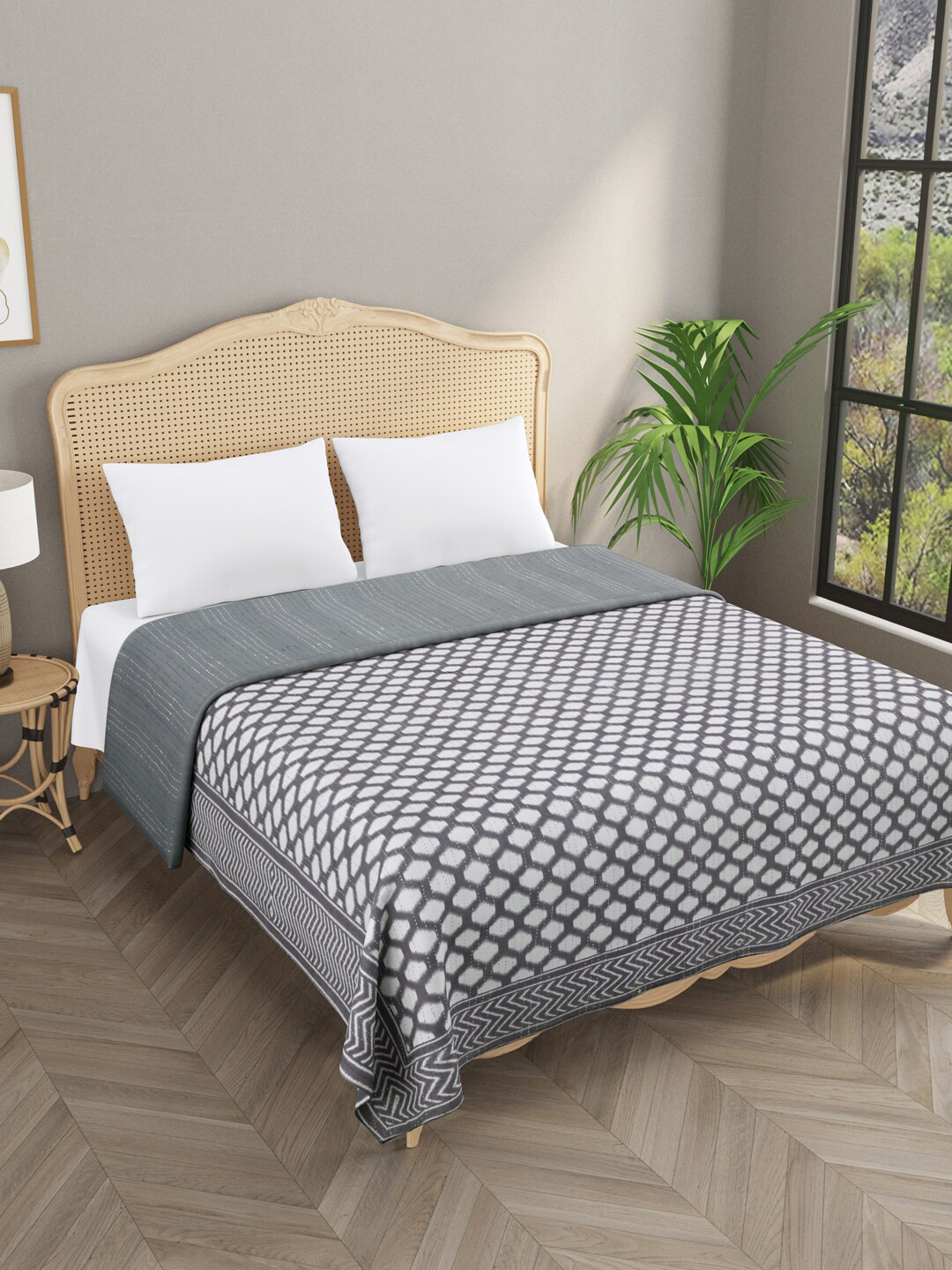 

Gulaab Jaipur Grey & White Kantha Work Egyptian Cotton Double King Bedcover