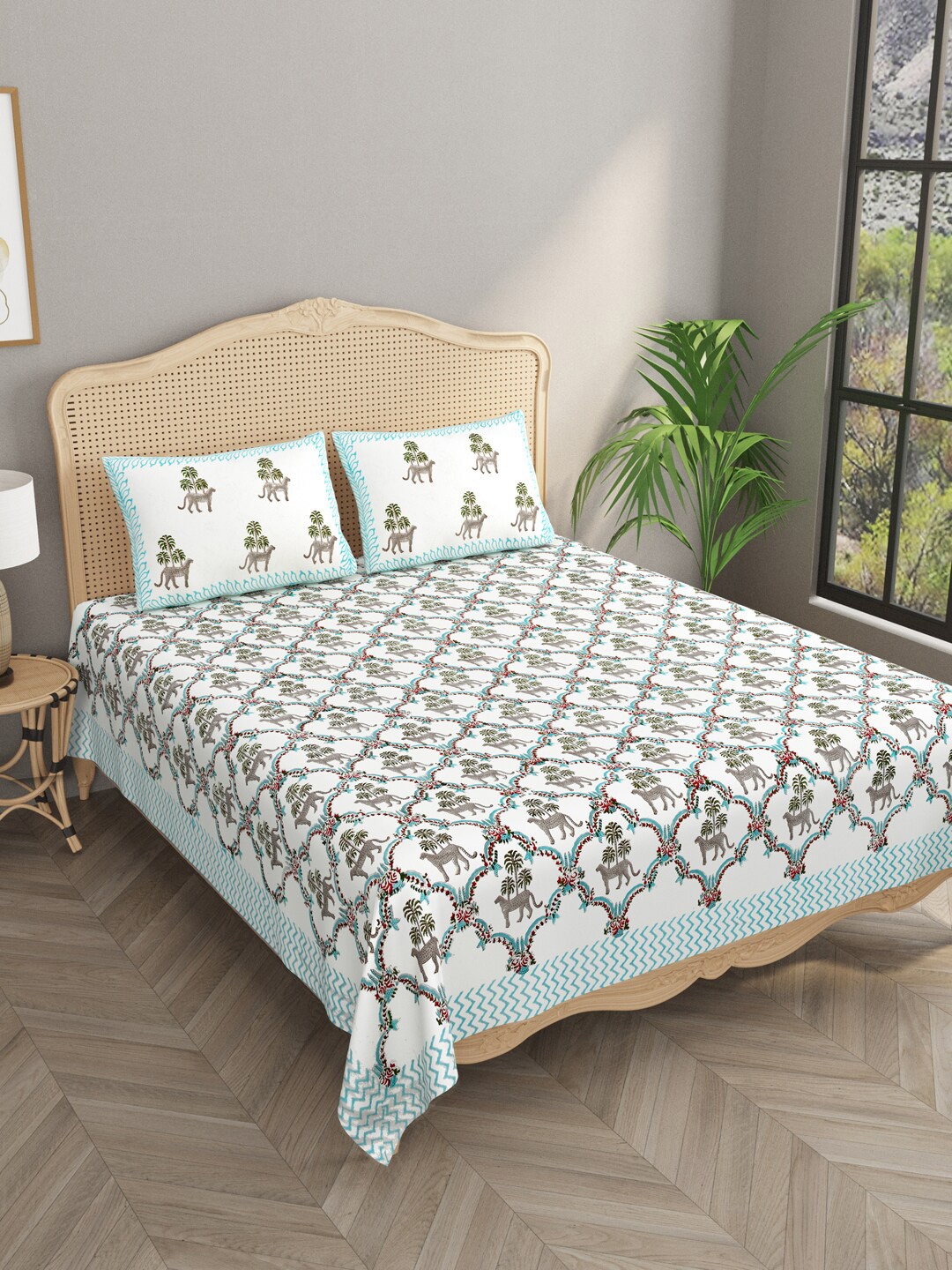 

Gulaab Jaipur White & Grey Ethnic Motifs 800 TC Egyptian Cotton King Bedsheet with 2 Pillow Covers