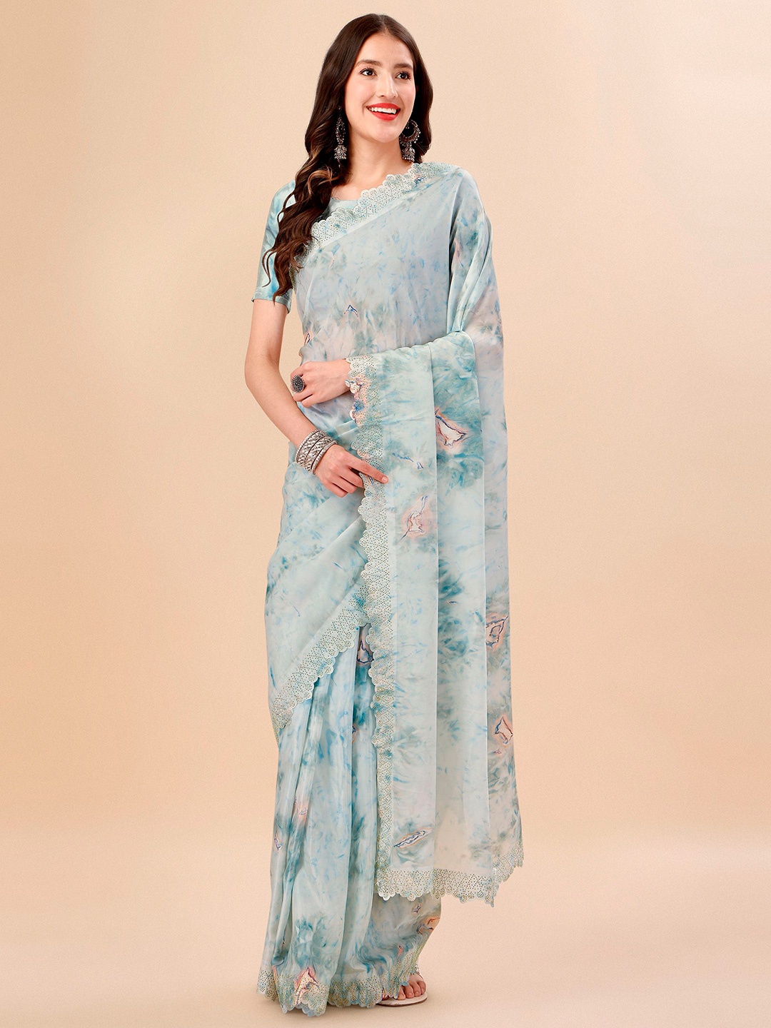 

Mitera Teal & Green Tie and Dye Beads and Stones Organza Saree