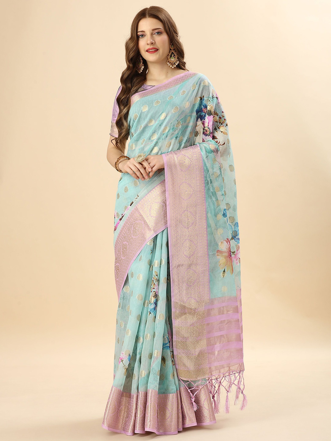 

Mitera Blue & Pink Woven Design Zari Pure Cotton Saree