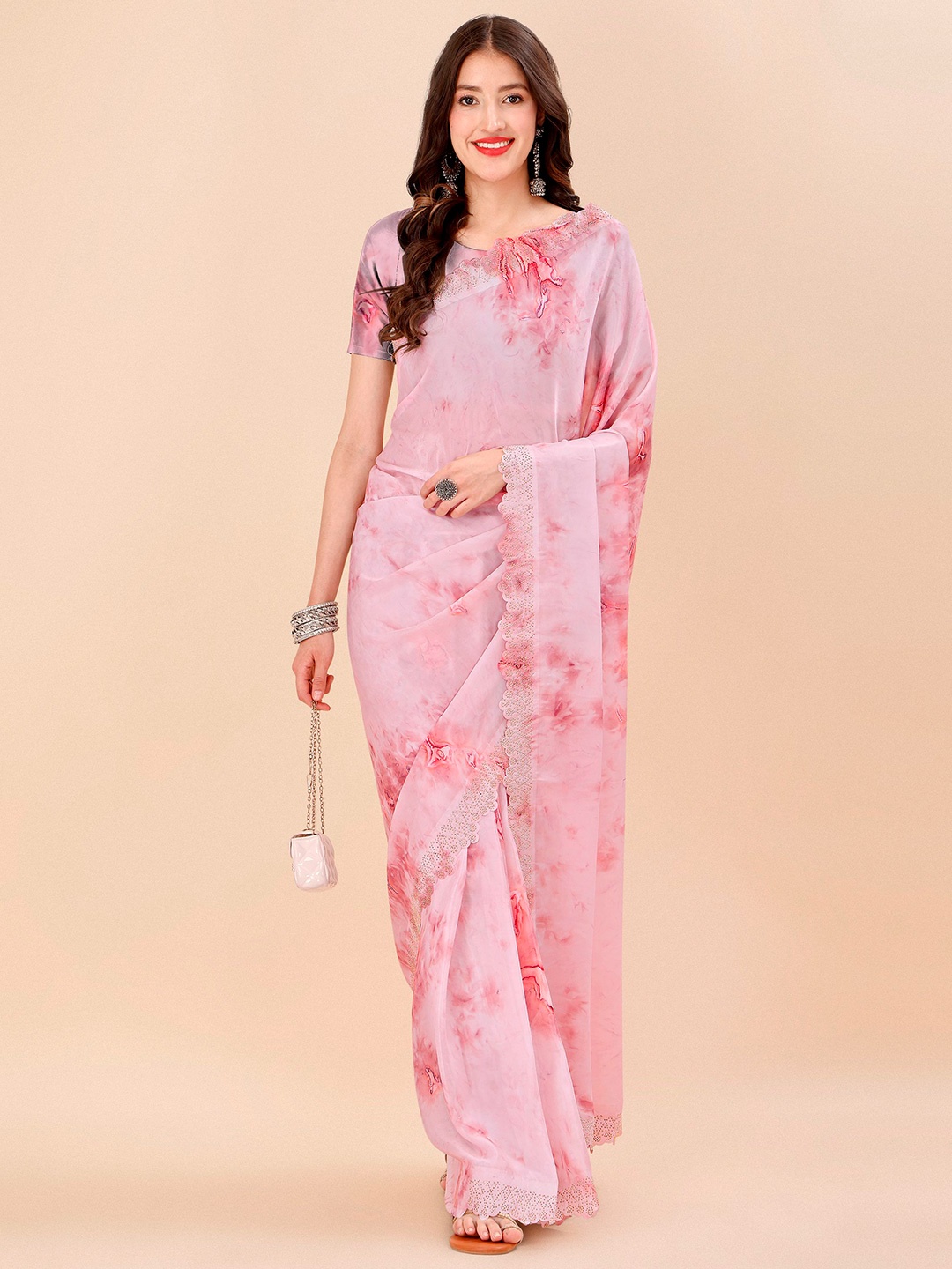 Mitera Pink & Red Tie and Dye Beads and Stones Organza Saree
