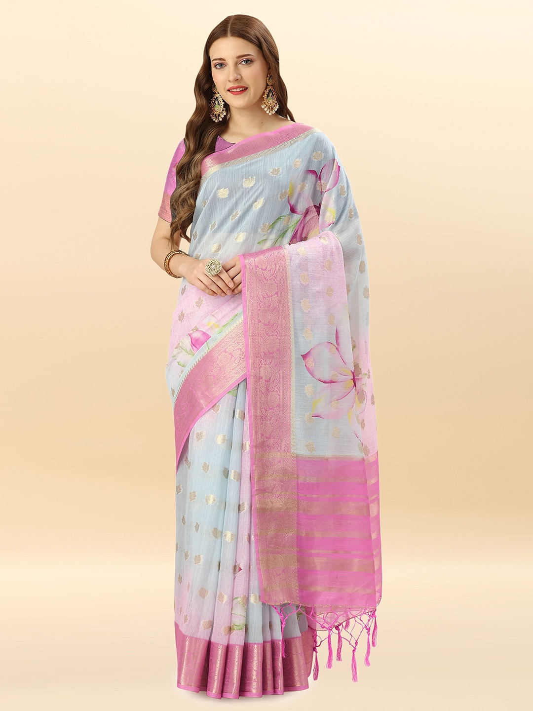 

Mitera Blue & Pink Woven Design Zari Pure Cotton Saree