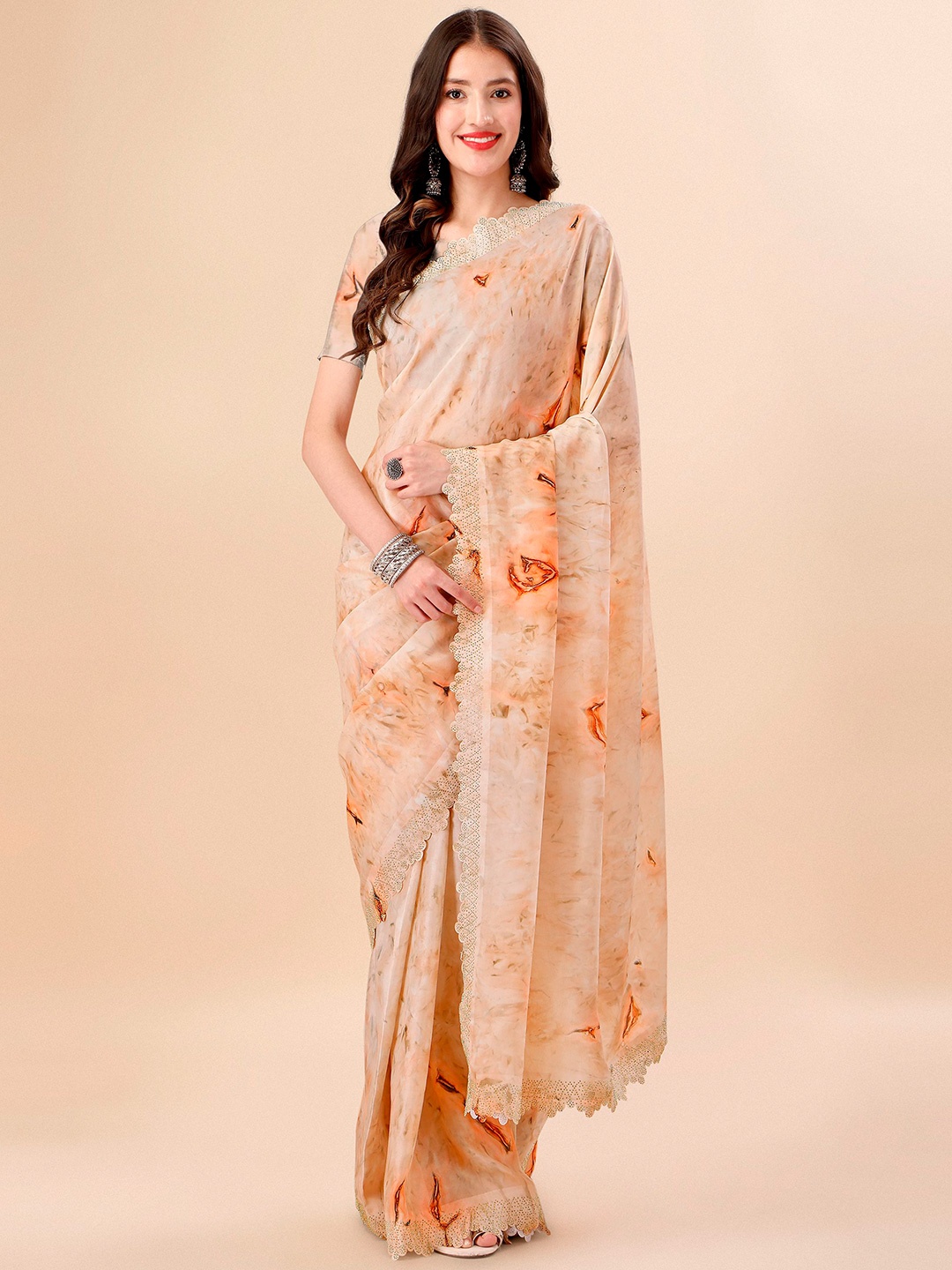 Mitera Orange & Red Tie and Dye Beads and Stones Organza Saree