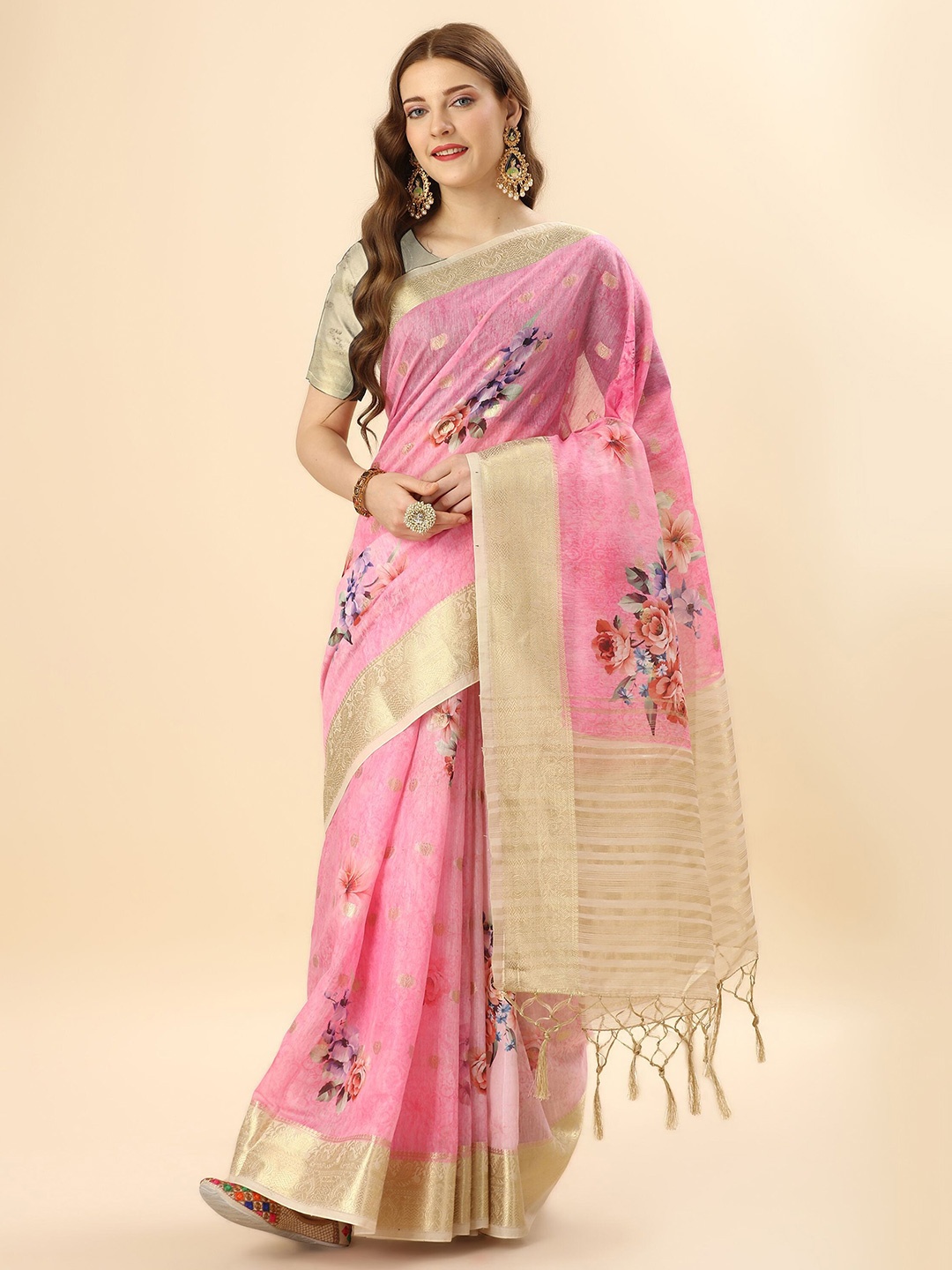 

Mitera Pink & Blue Floral Zari Pure Cotton Saree