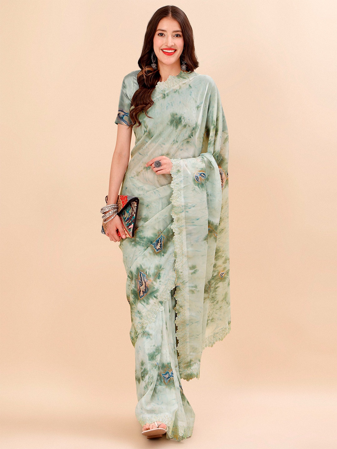 

Mitera Green & Blue Tie and Dye Beads and Stones Organza Saree