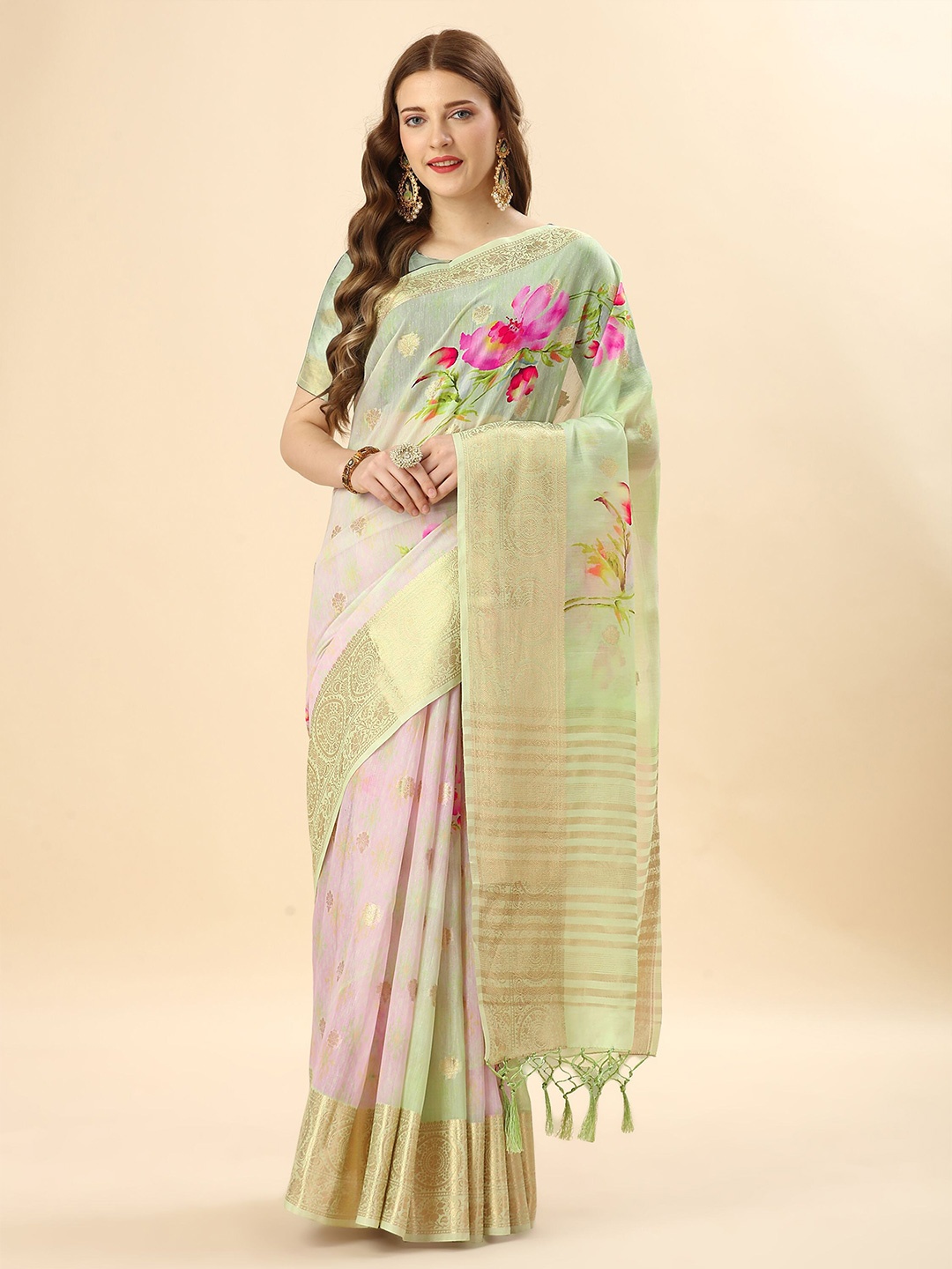 

Mitera Pink & Green Woven Design Zari Pure Cotton Saree