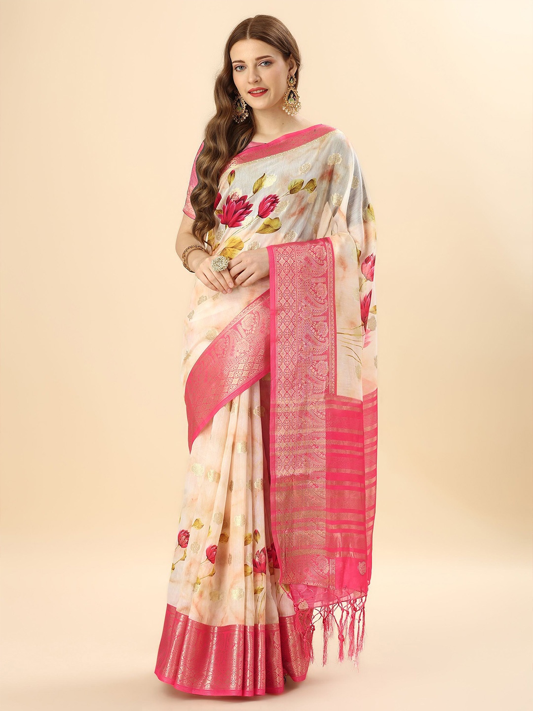 

Mitera Peach-Coloured & Red Woven Design Zari Pure Cotton Saree