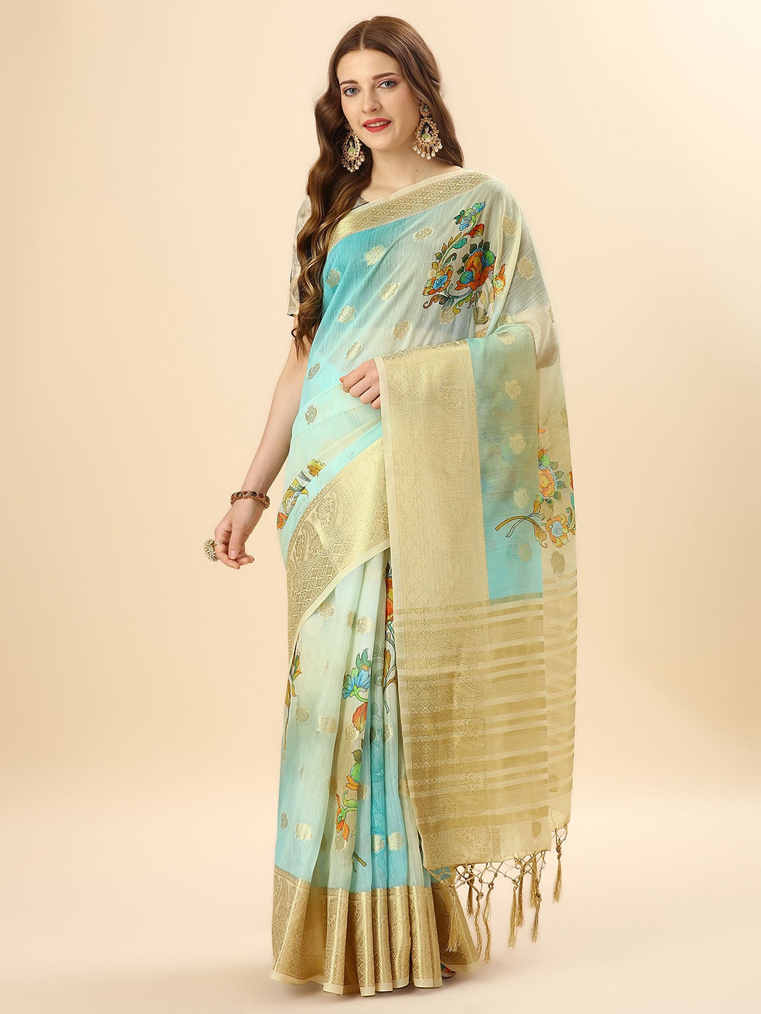 

Mitera Sea Green & Red Floral Woven Design Zari Pure Cotton Saree