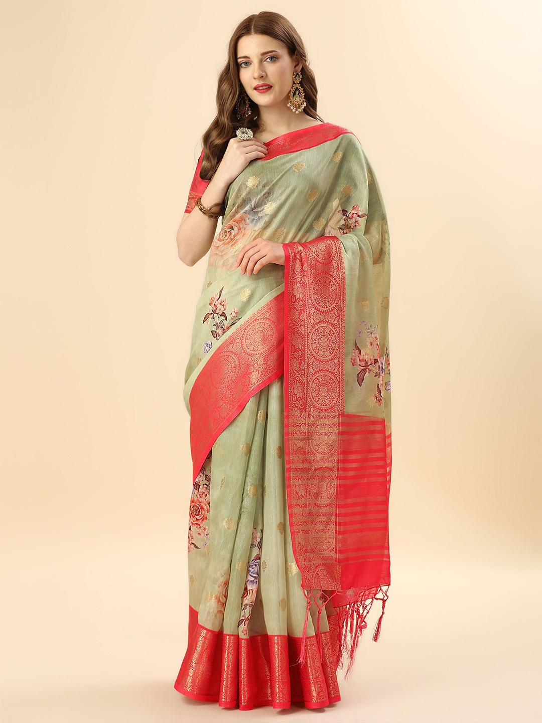 

Mitera Green & Red Floral Woven Design Zari Pure Cotton Saree