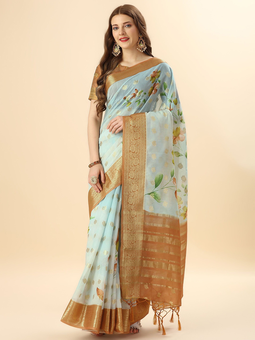 Mitera Teal & Brown Floral Woven Design Zari Pure Cotton Saree