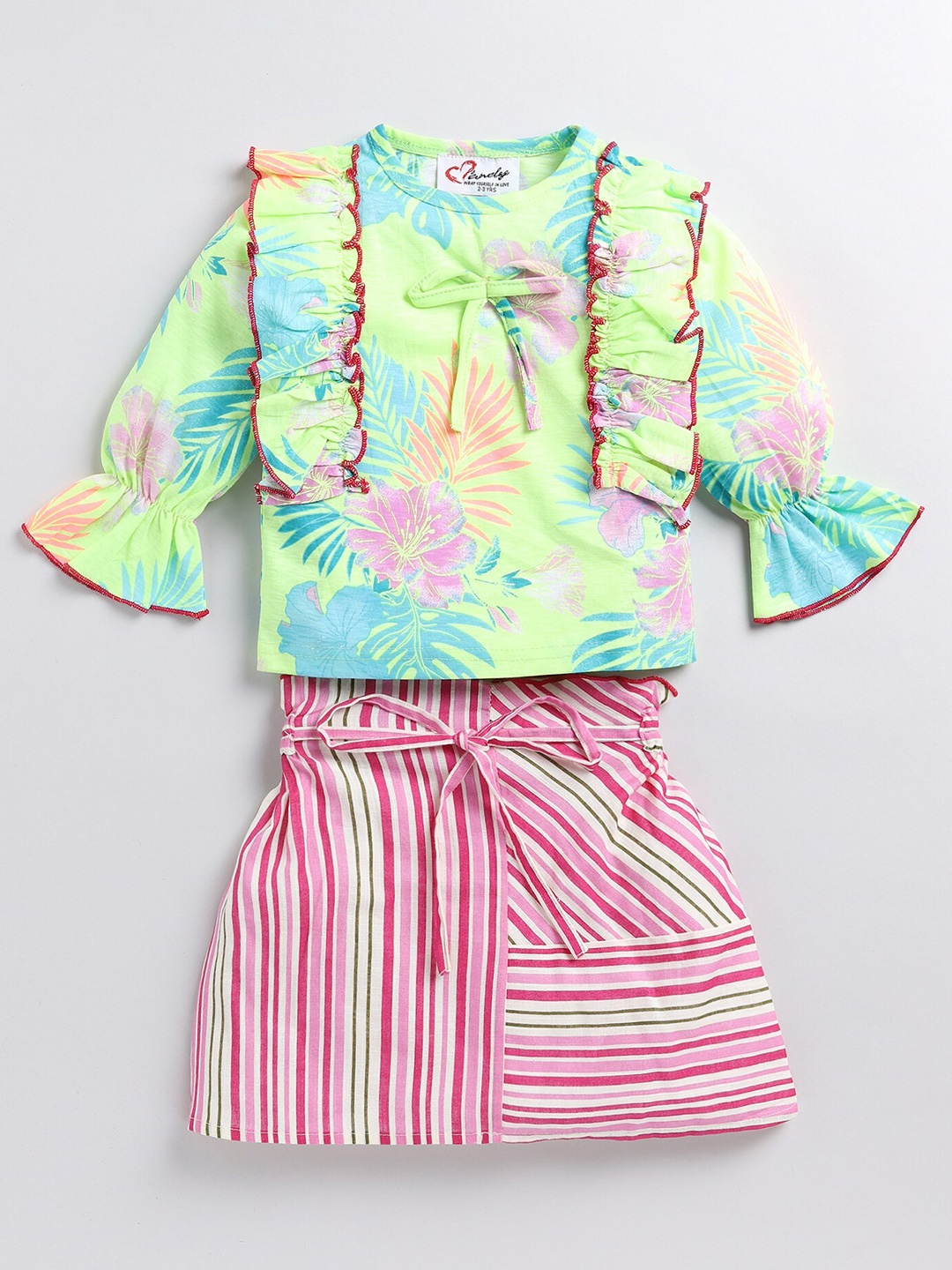 

M'andy Girls Printed Top With Skirt, Green