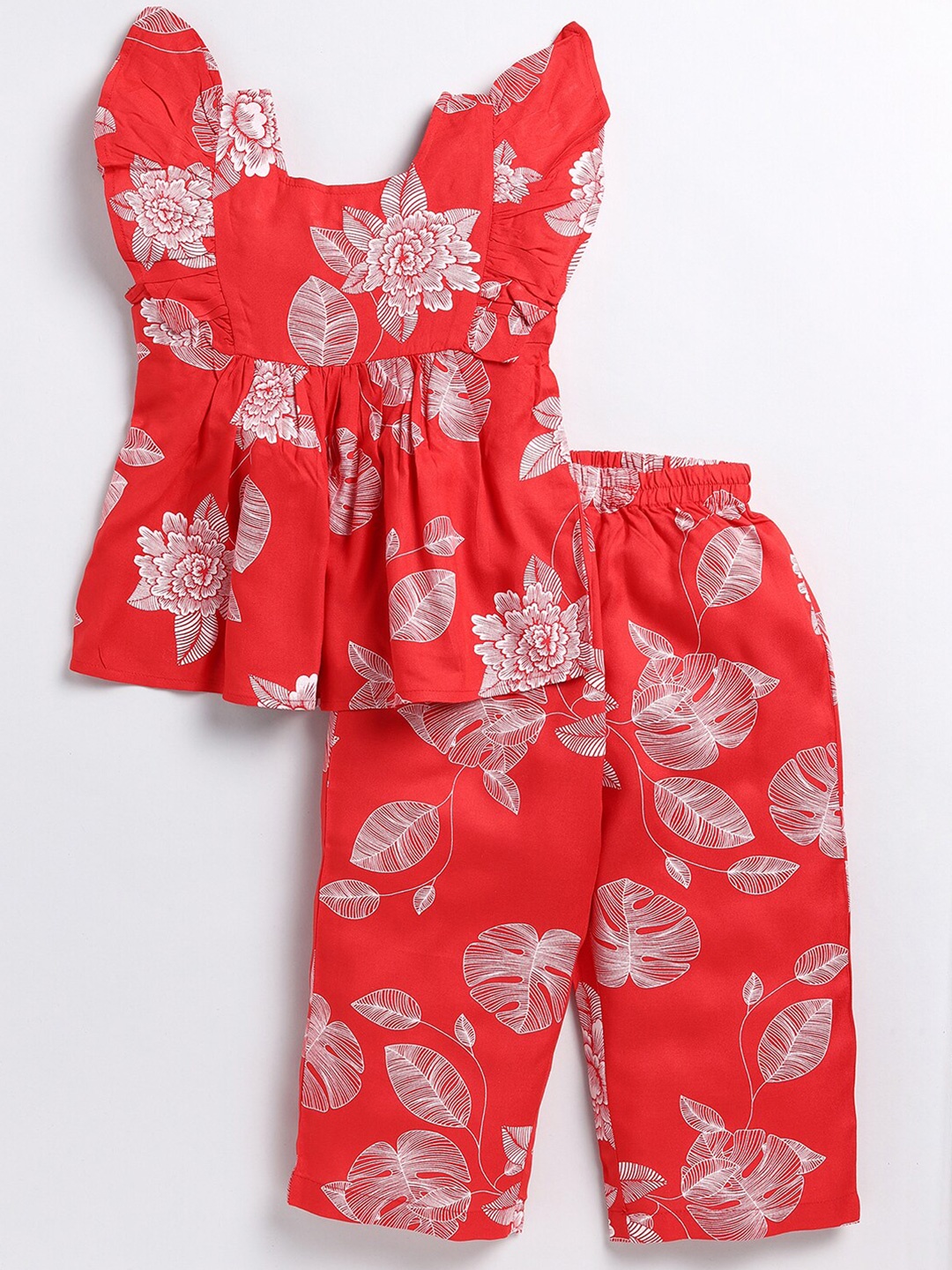 

M'andy Girls Floral Printed Pure Cotton Top With Pyjamas, Red