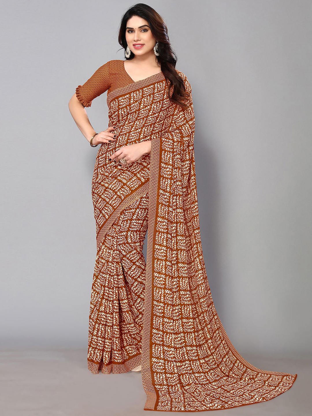 

KALINI Floral Printed Saree, Rust