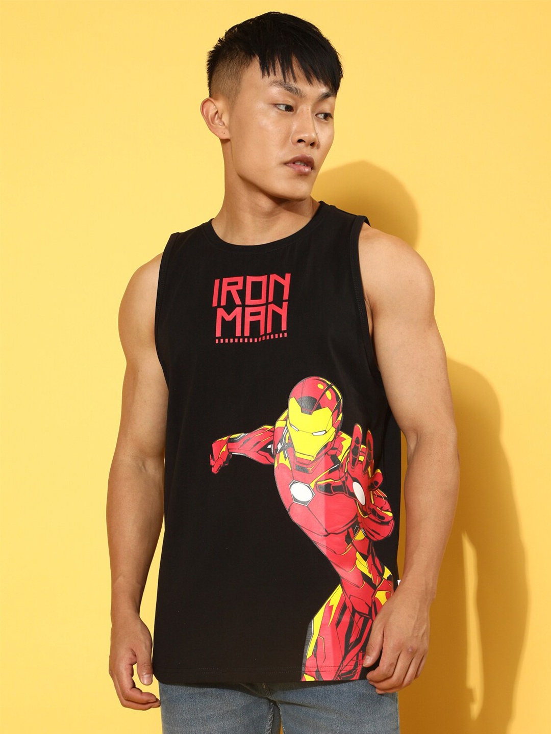 

VEIRDO Marvel & Caption America Superhero Iron-Man Graphic Printed Sleeveless T-Shirt, Black