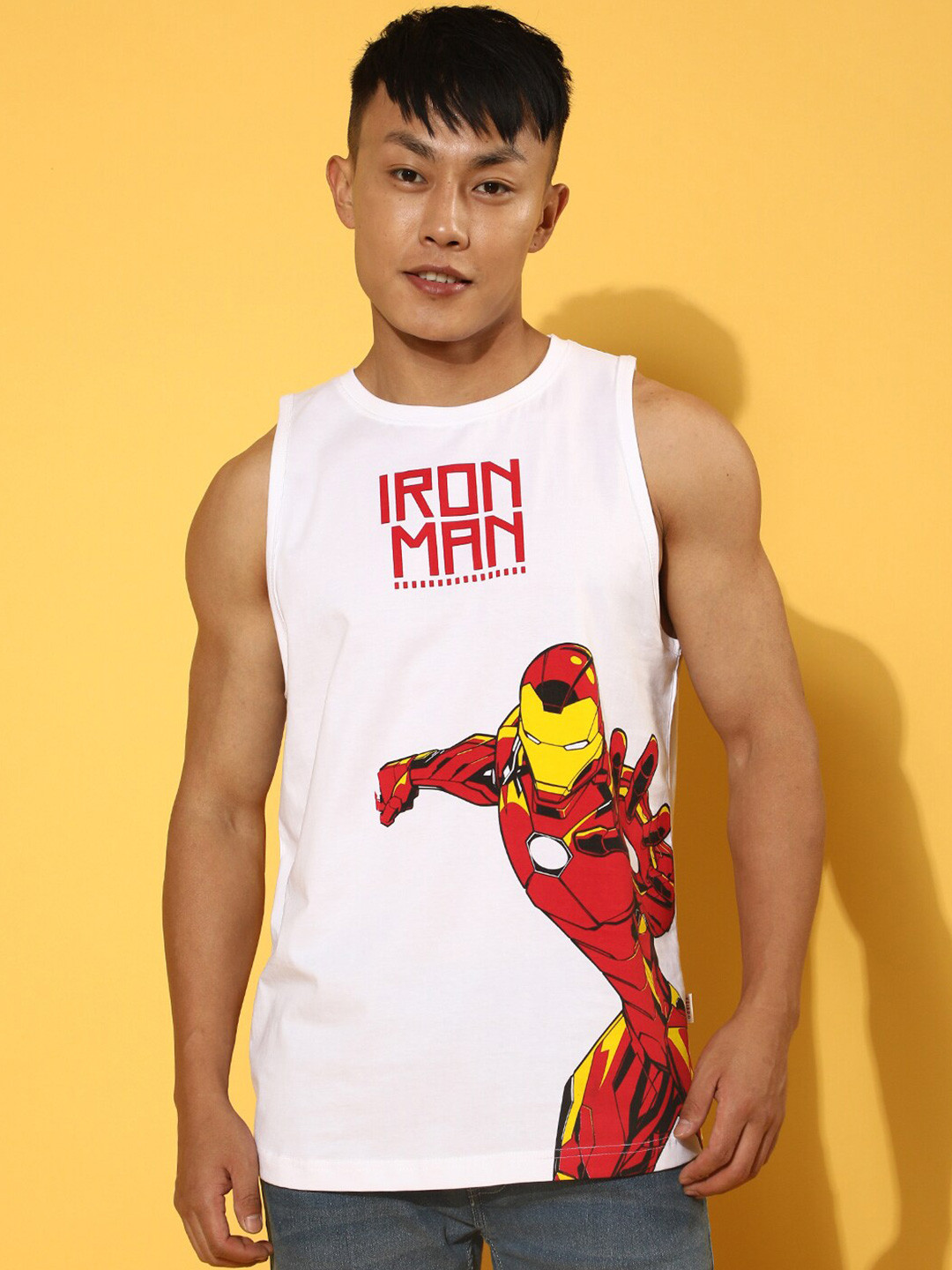 

VEIRDO Marvel & Caption America Superhero Iron-Man Graphic Printed Sleeveless T-Shirt, White