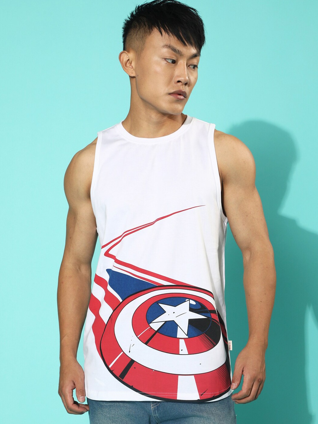 

VEIRDO White & Red Superhero Captain America Printed Sleeveless Cotton T-Shirt