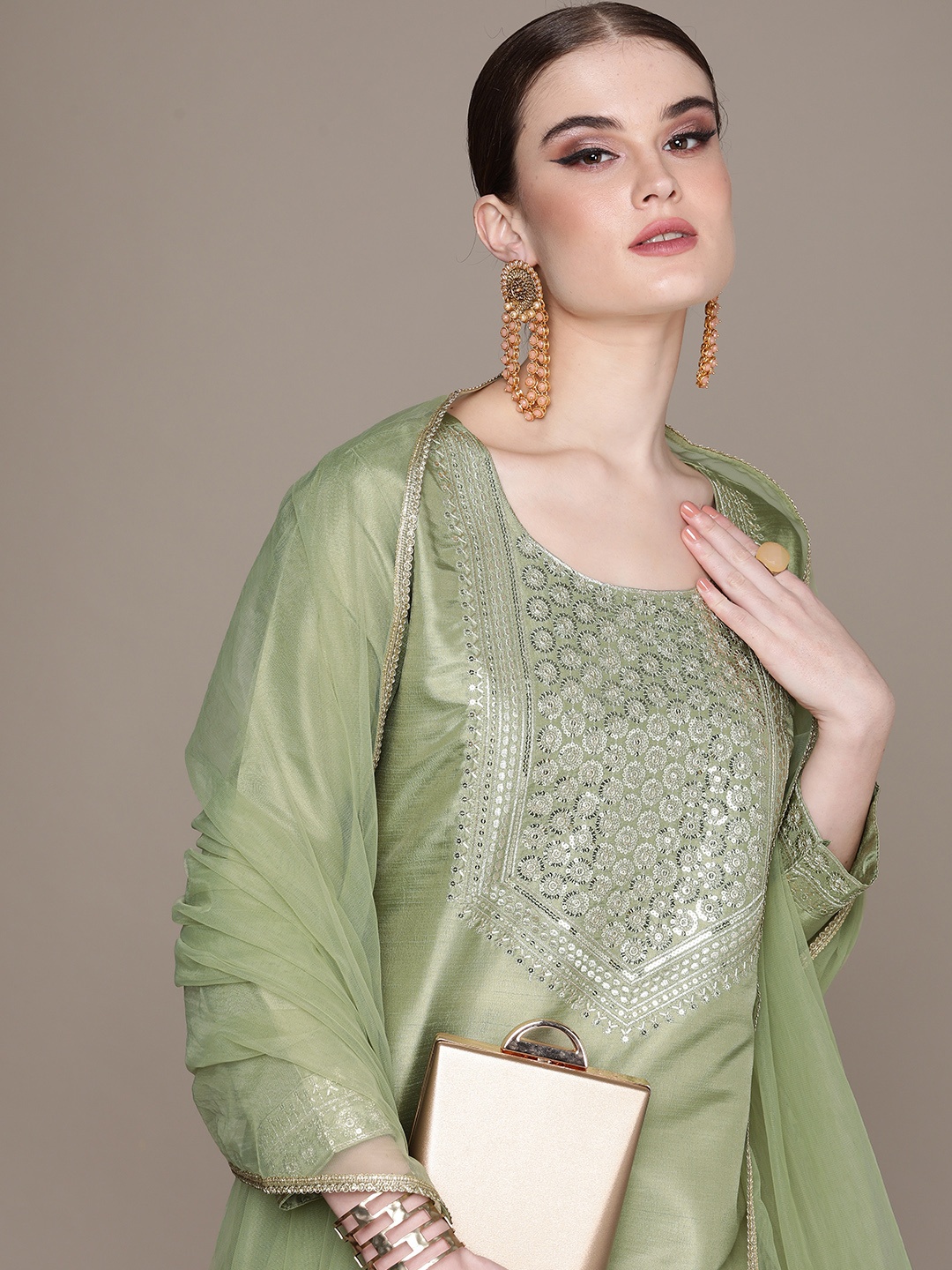 

Anouk Women Floral Embroidered Regular Sequinned Kurta with Trousers & With Dupatta, Sea green