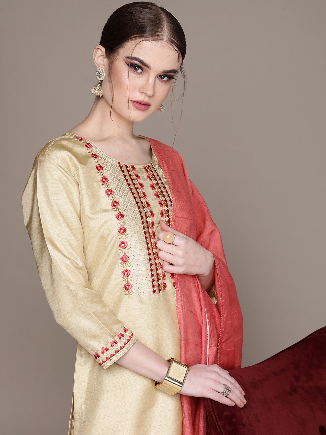 

Anouk Women Beige Floral Embroidered Regular Sequinned Kurta with Trousers & With Dupatta