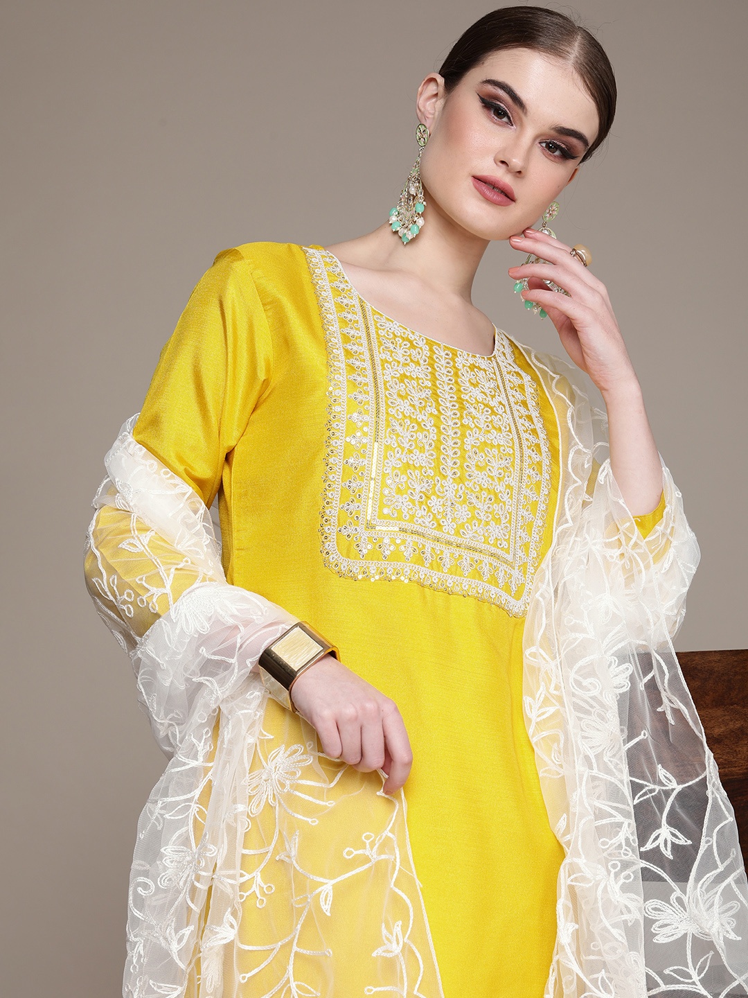 

Anouk Women Floral Embroidered Regular Sequinned Kurta with Trousers & With Dupatta, Yellow