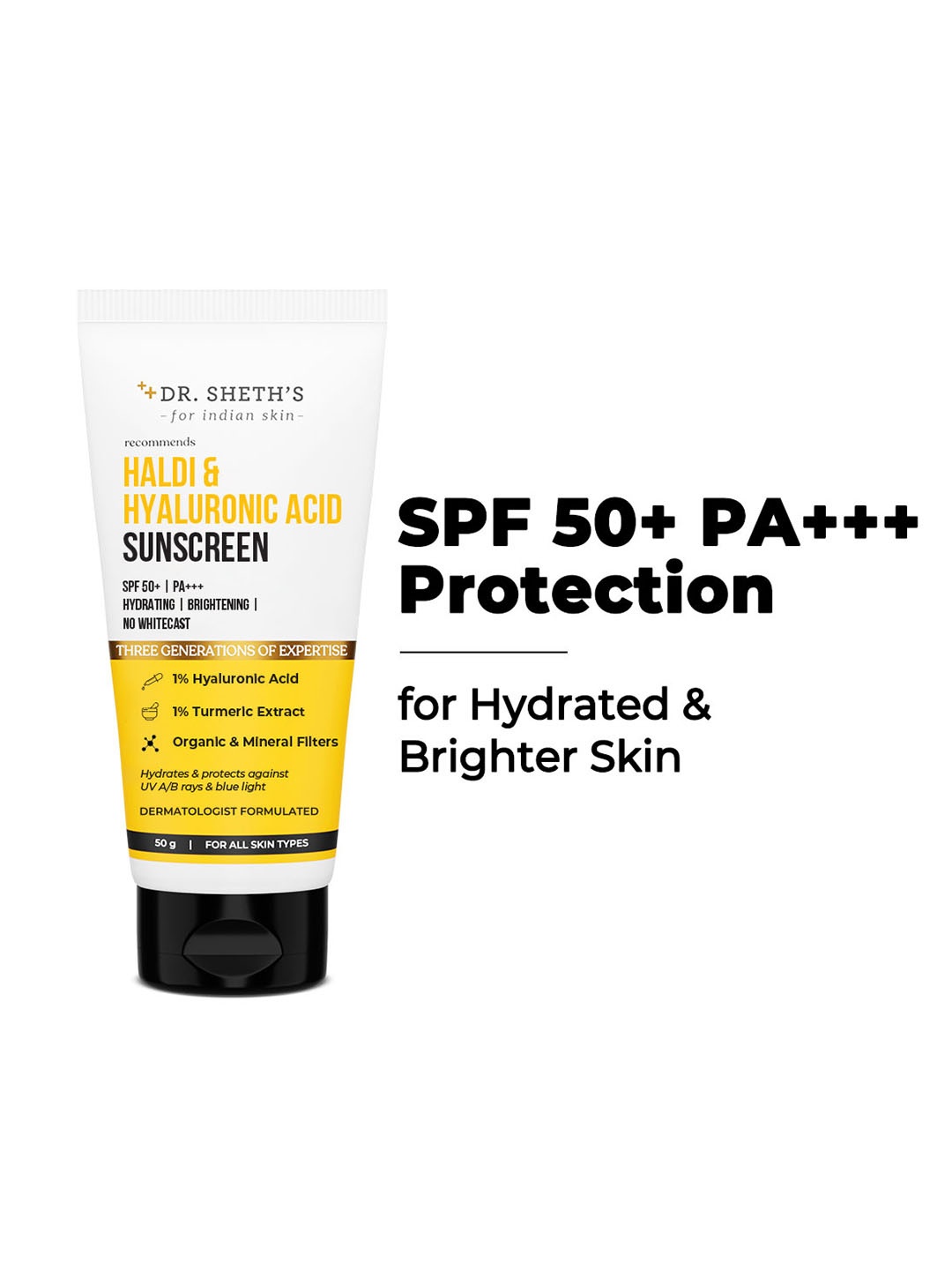 

DR. SHETHS Haldi & Hyaluronic Acid SPF50 Hydrating Sunscreen - 50g, White