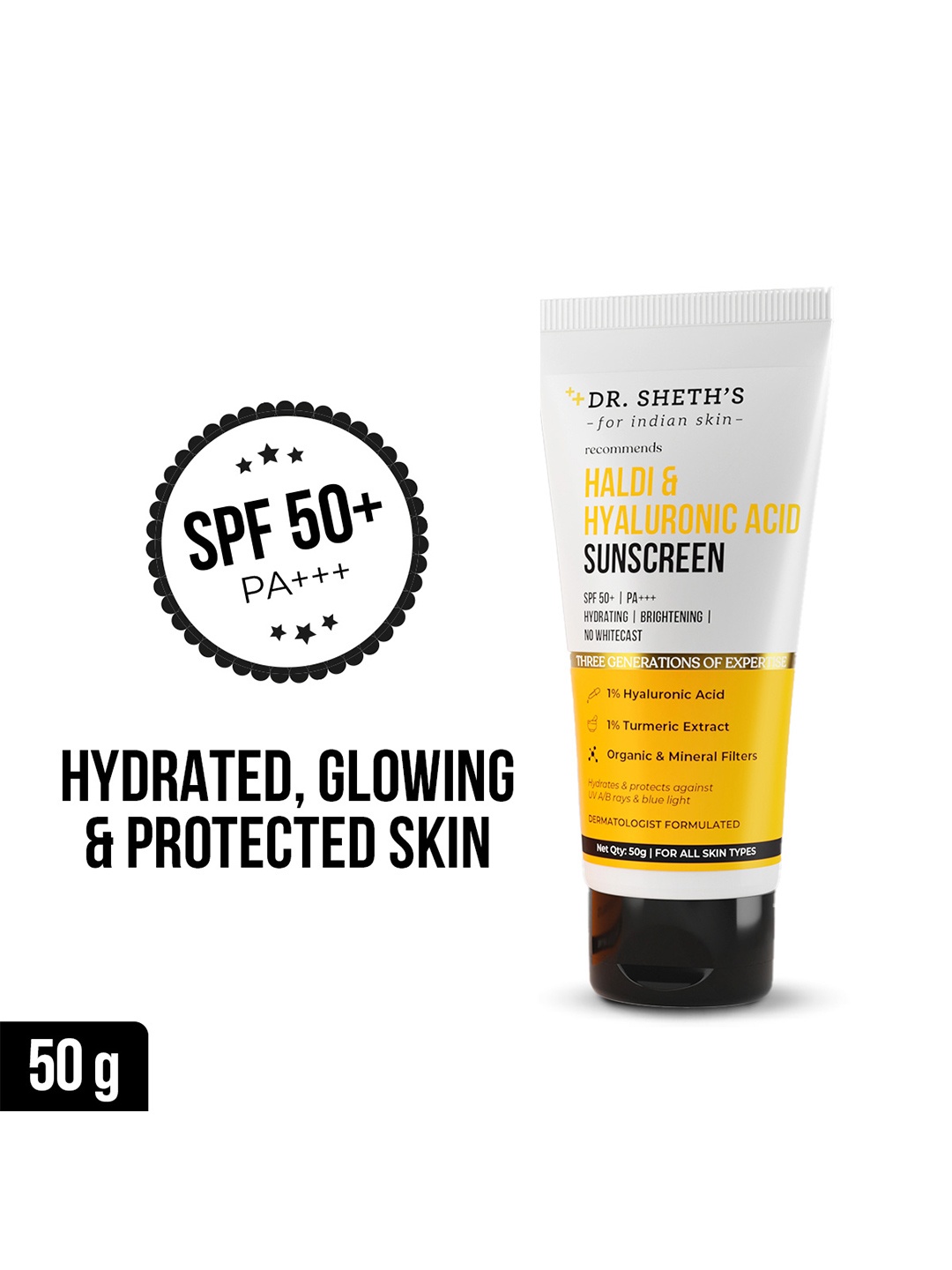 

DR. SHETHS Haldi & Hyaluronic Acid SPF50 Hydrating Sunscreen - 50g, White