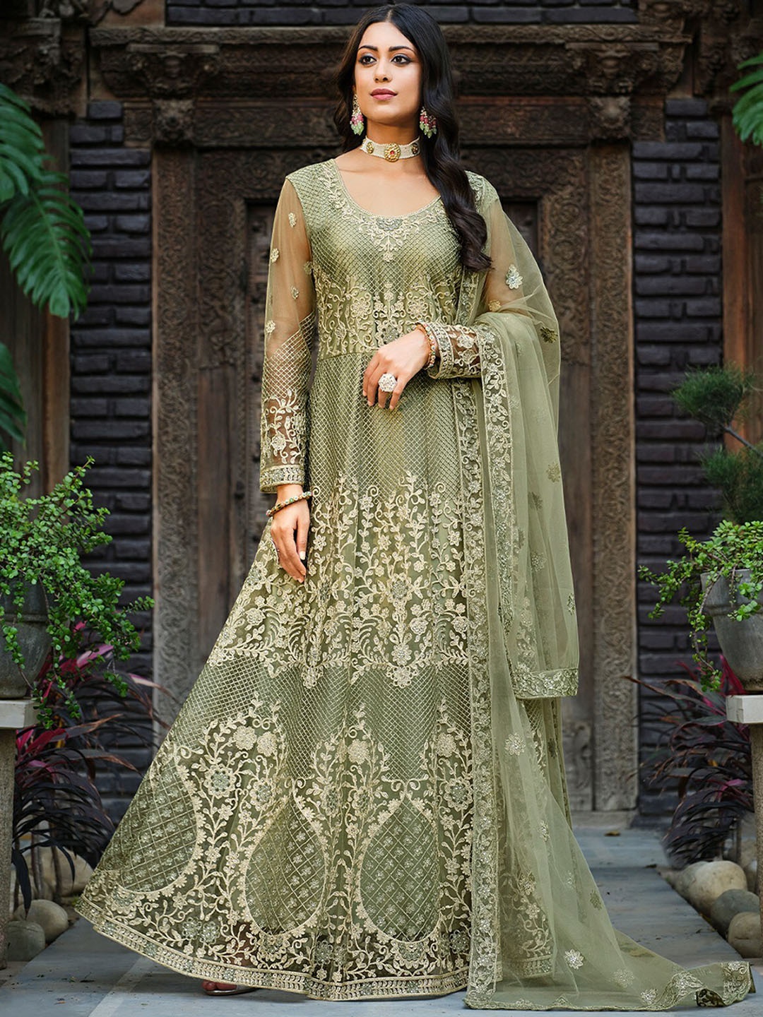 

ODETTE Paisley Embroidered Angrakha Kurta With Trousers & Dupatta, Olive