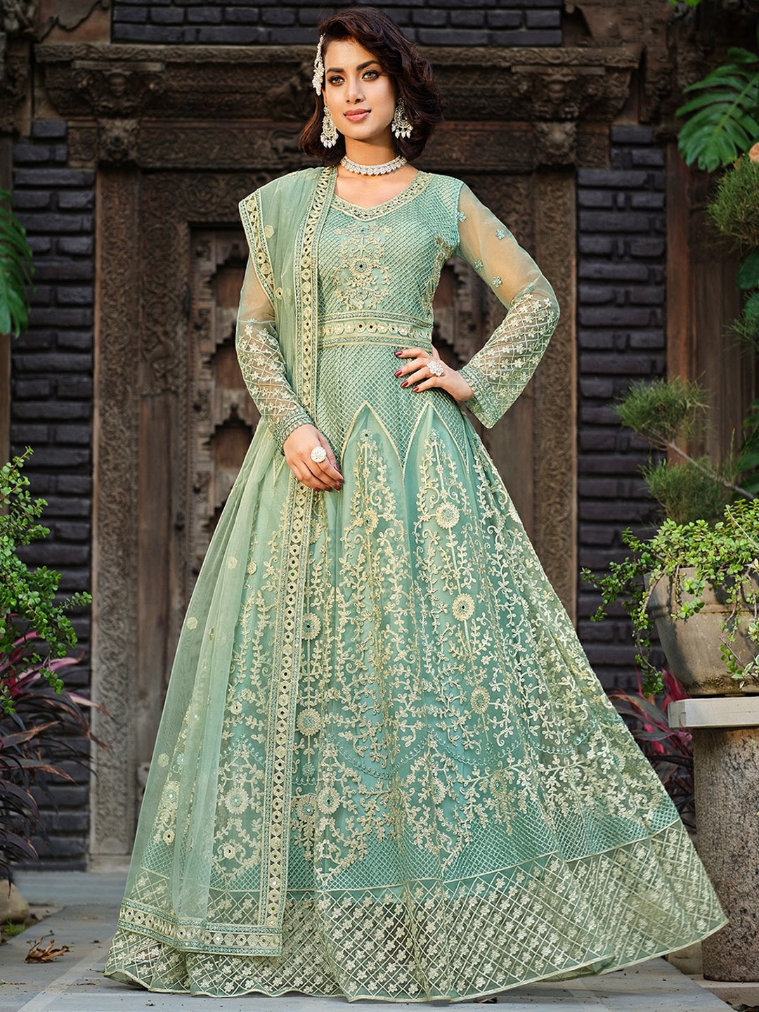 

ODETTE Floral Embroidered Anarkali Semi Stitched Kurta With Pants Dupatta, Sea green